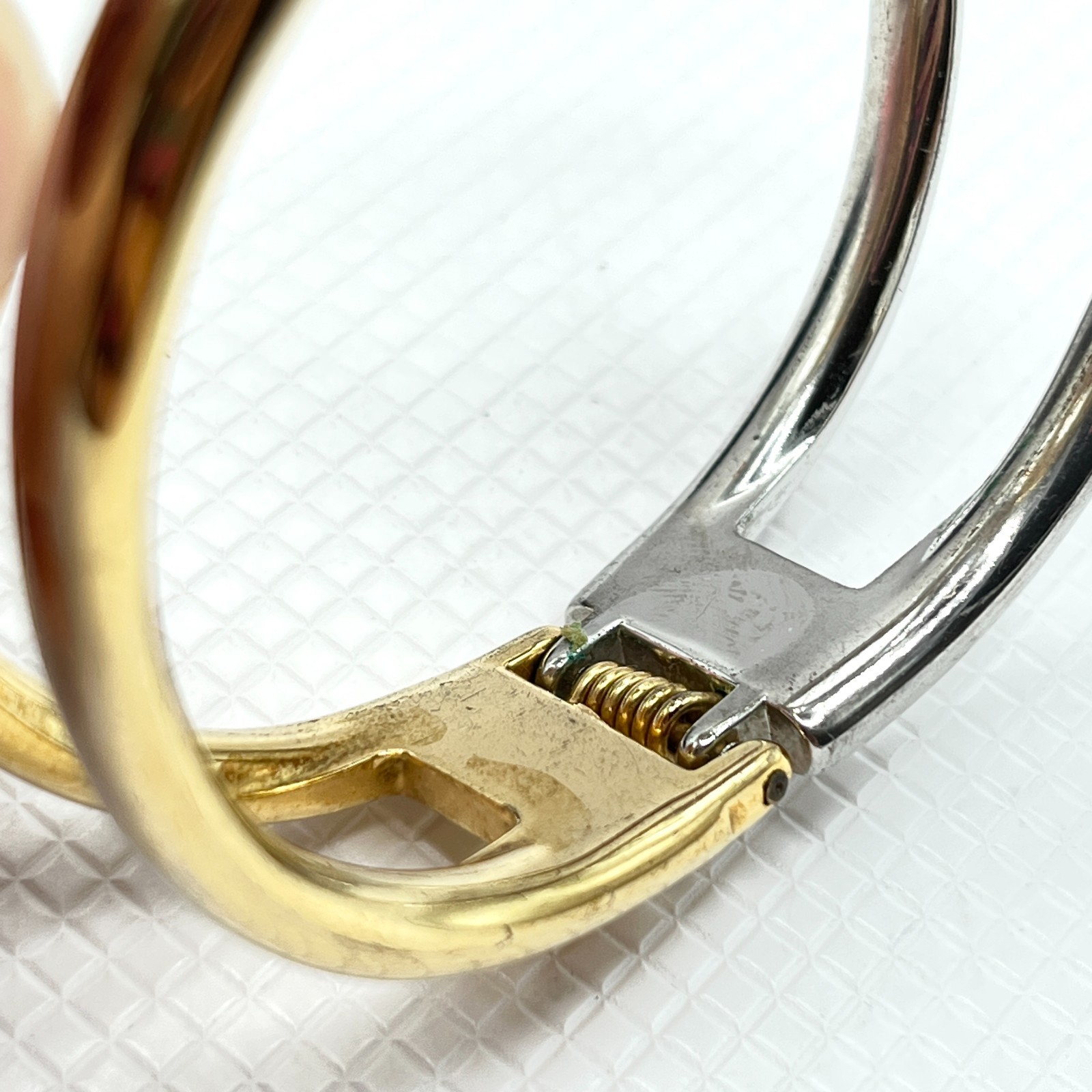 Mixed Silver & Gold Tone Metal Sculptural Bracelet w/ Open Work Hinged Bangle