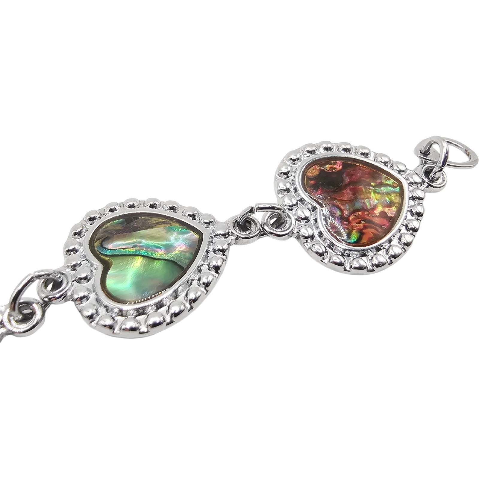 Vintage Abalone Paua Shell Heart Link Bracelet Silver Tone Iridescent Boho MOP
