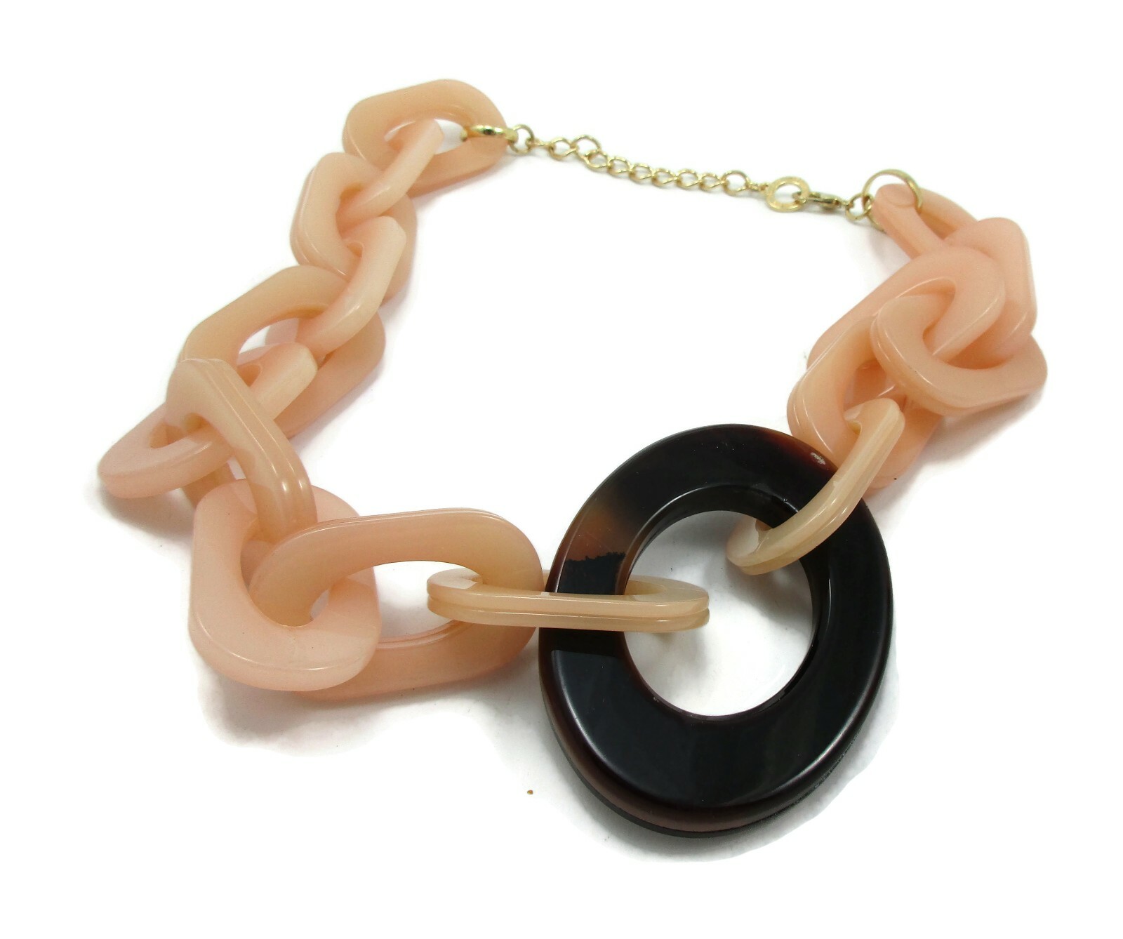 VINTAGE DENIS & CHARLES RUSH GOLD TONE CHUNKY PEACH BROWN MARBLED OVAL NECKLACE