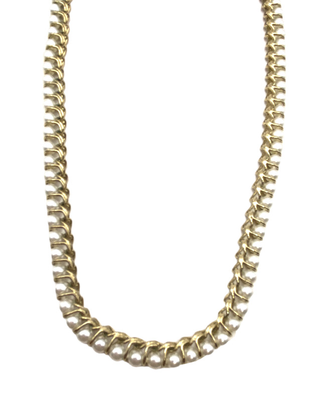 Vintage Gold Tone Faux Pearl Necklace Curb Linked Wire Wrapped 17” Costume GUC