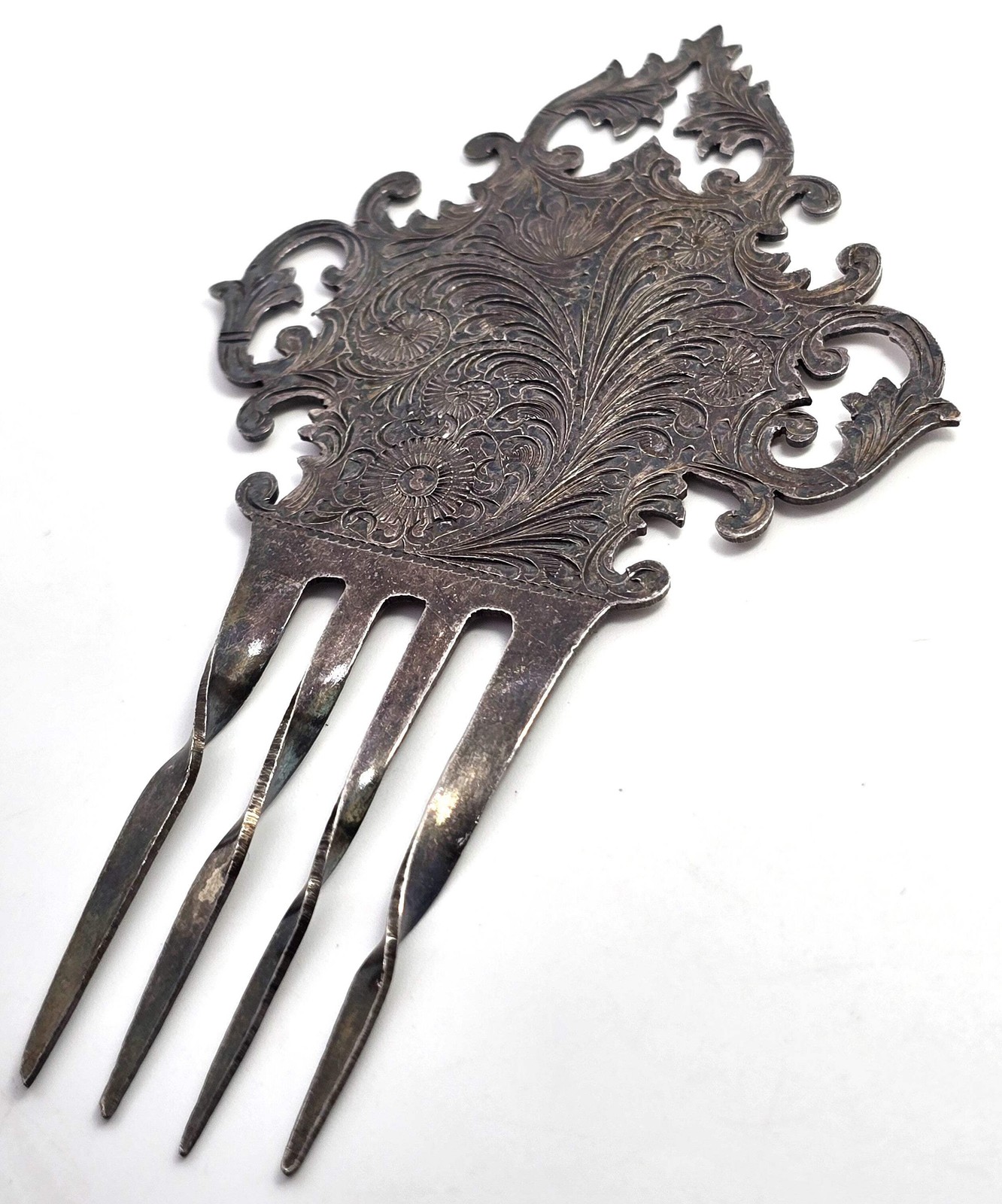 Victorian silver plated ornate etched antique hair comb floral hair jewelry