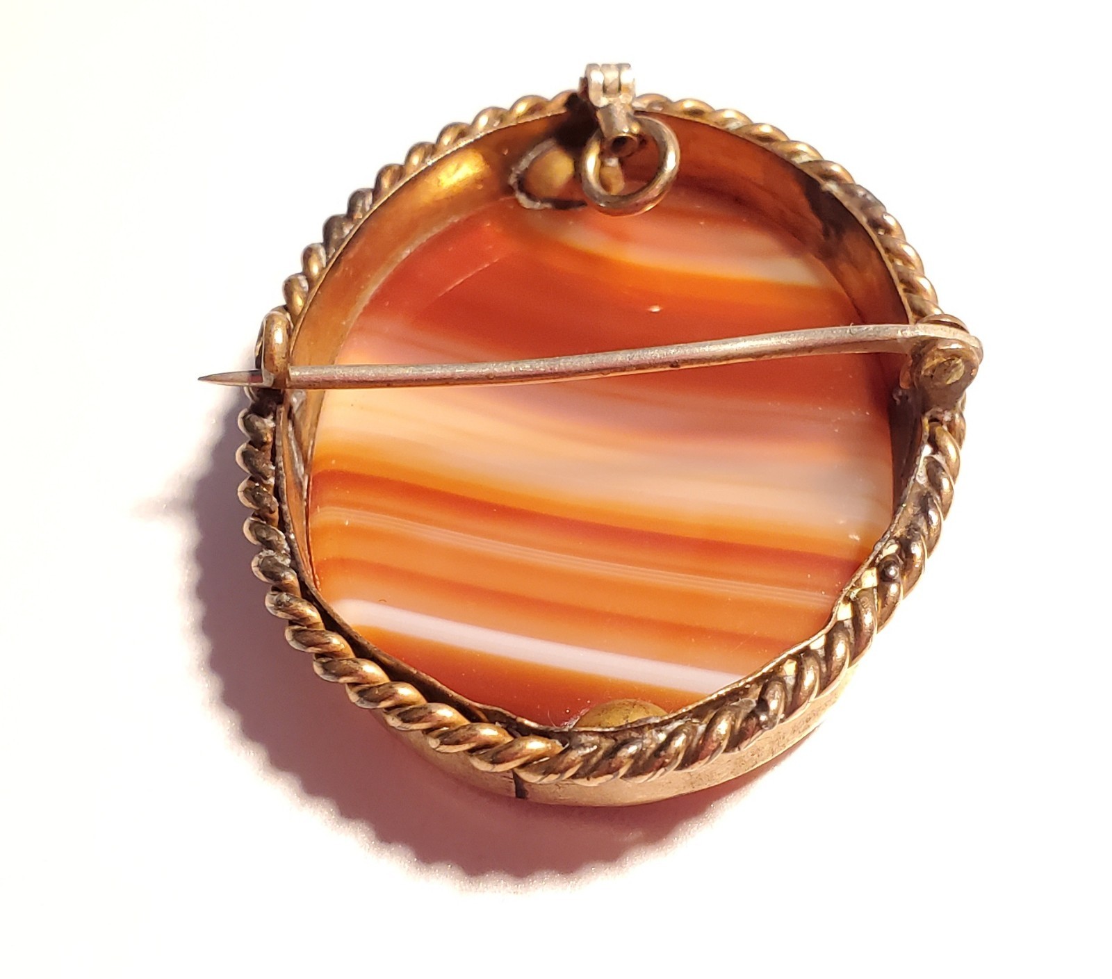 Antique Victorian Pendant / Brooch Banded Agate Twisted Rope Design Gold Filled