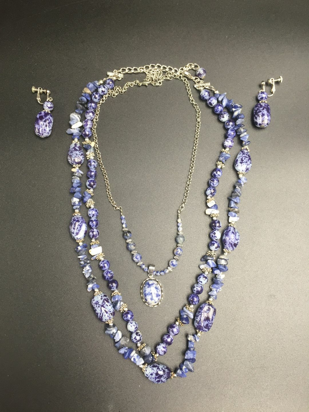 Vintage Blue Beaded Necklaces And Clip On Earings With Screw Backs