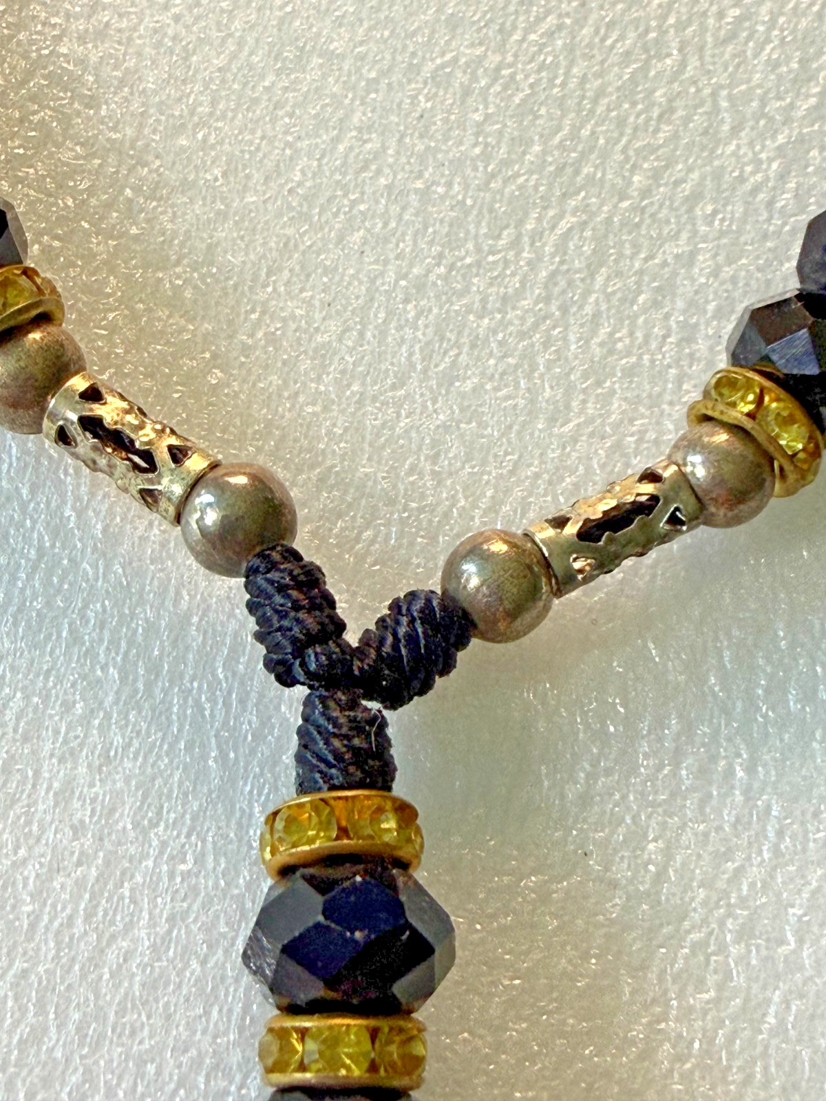 Vintage Rosary Style Necklace Black Faceted Glass Guadalupe Pendant Statement