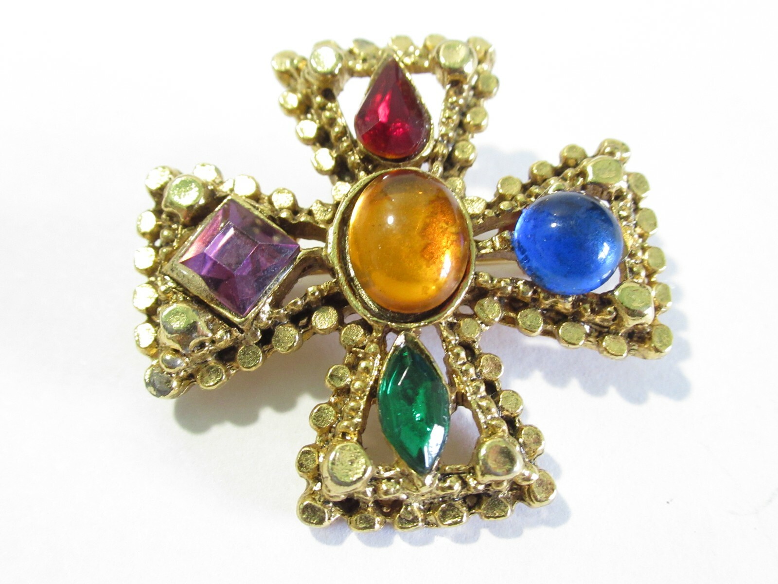 SMALL MALTESE CROSS VINTAGE GLASS STONES JEWEL TONES DIFFERENT SHAPES PIN