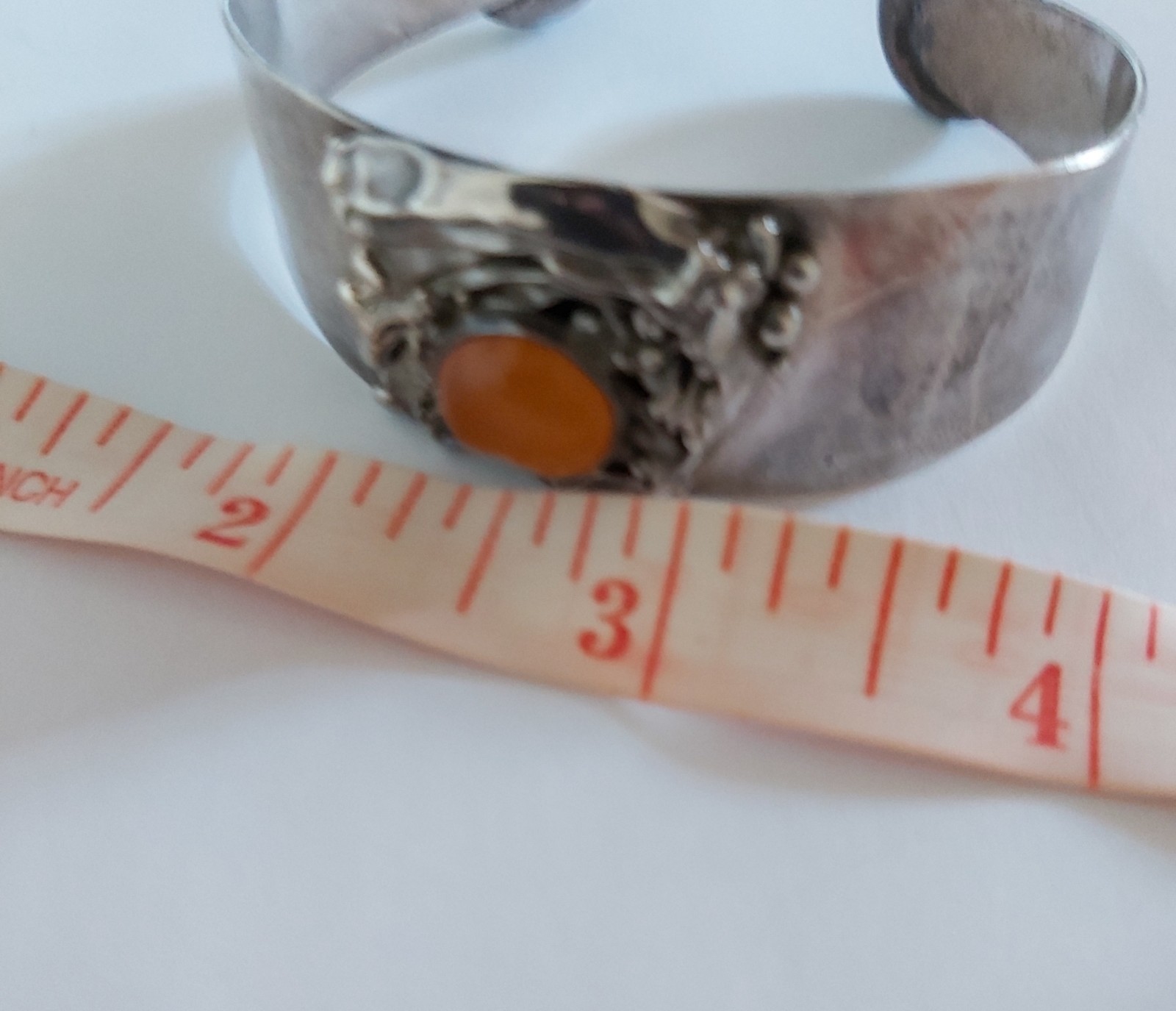 Antique Art Deco Sterling Silver Cuff Bracelet Original Design 3 Amber Inserts