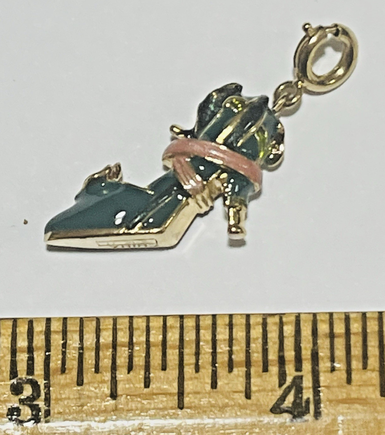 KJL Signed Dark Green Enamel with Pink Enamel Ribbon 1″ Heeled Shoe Charm