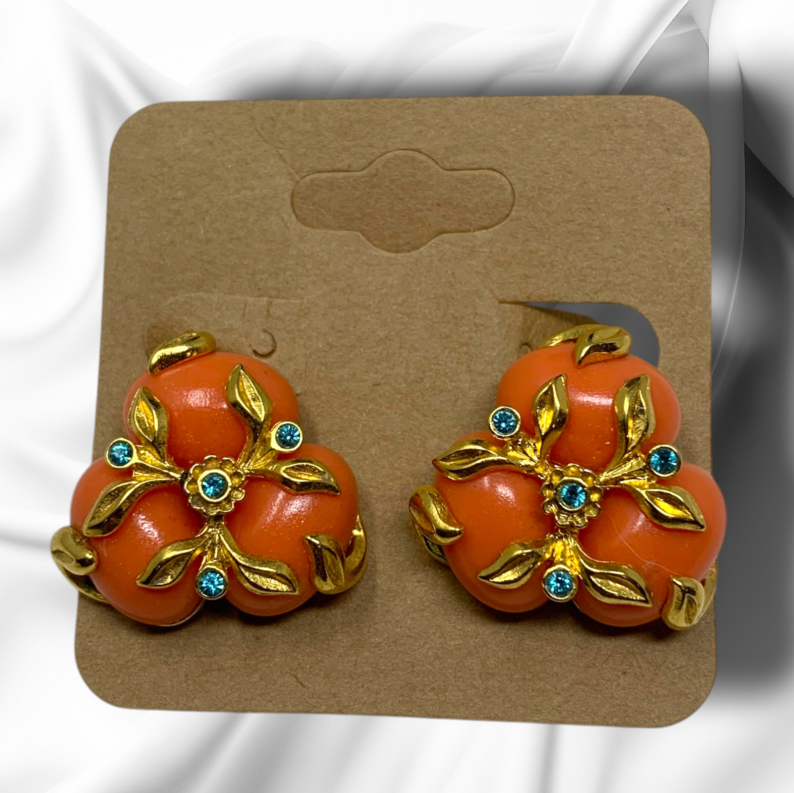 Vintage Joan Rivers Coral Enamel Floral Cluster Clip On Earrings Gold Tone Blue