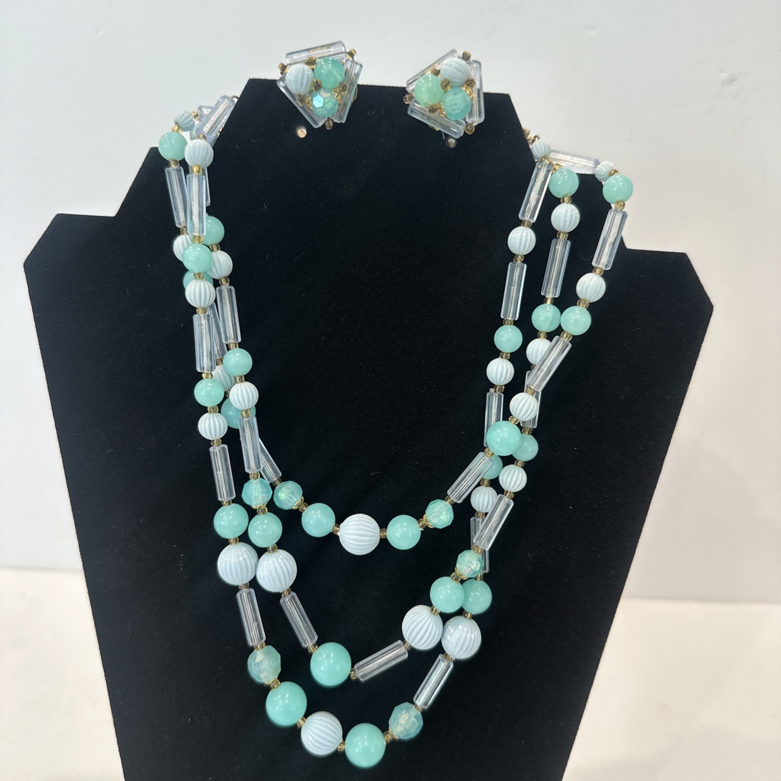 W Garnany Beaded 3 Strand necklace and Clip On Earring Set Mint Blue