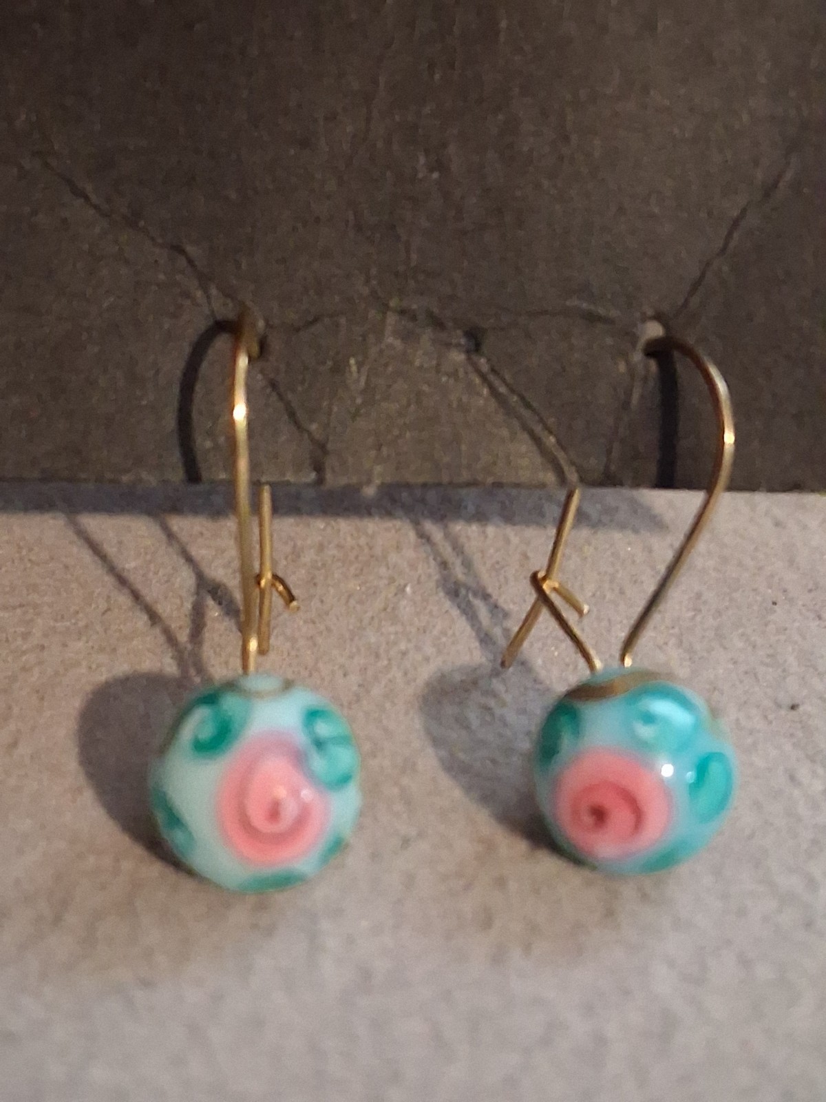 Turquoise blue lampwork bead dangle drop earrings w/pink flower, gold-plate earw