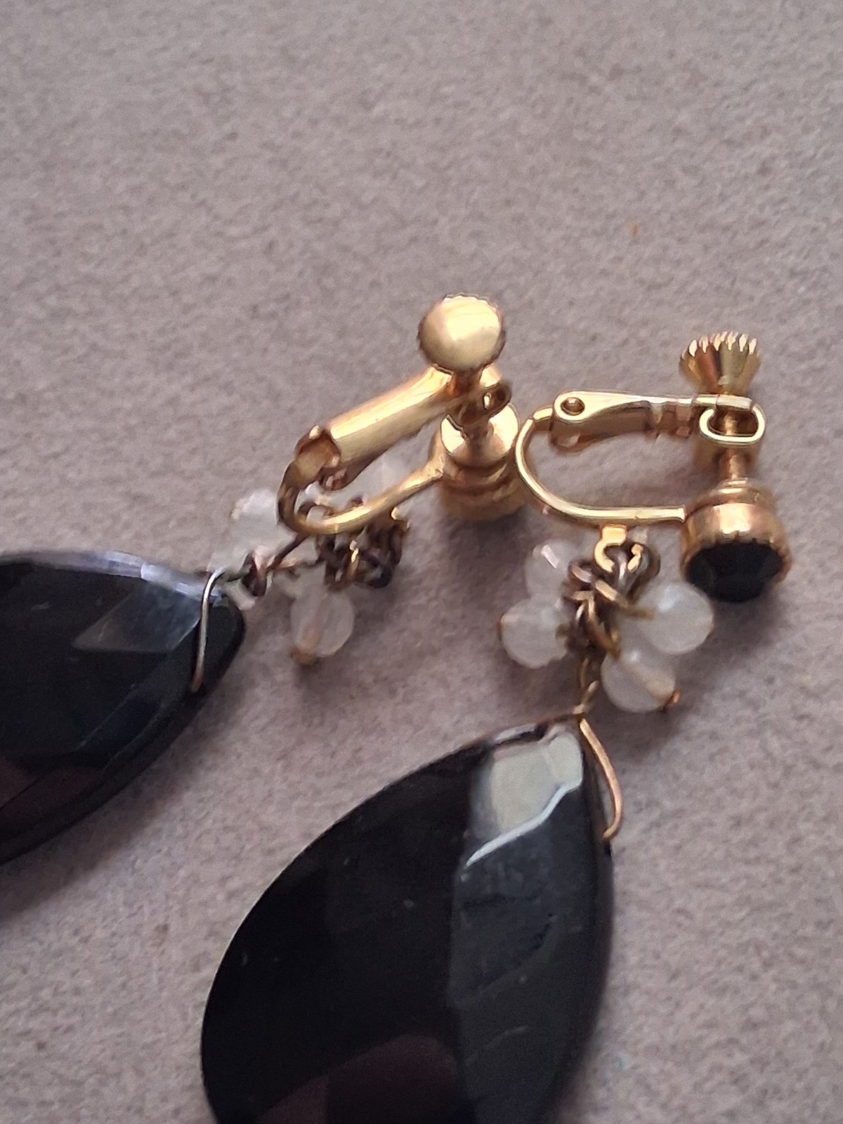 Faceted black glass teardrop stone adjustable clip on earrings w/dangle accents