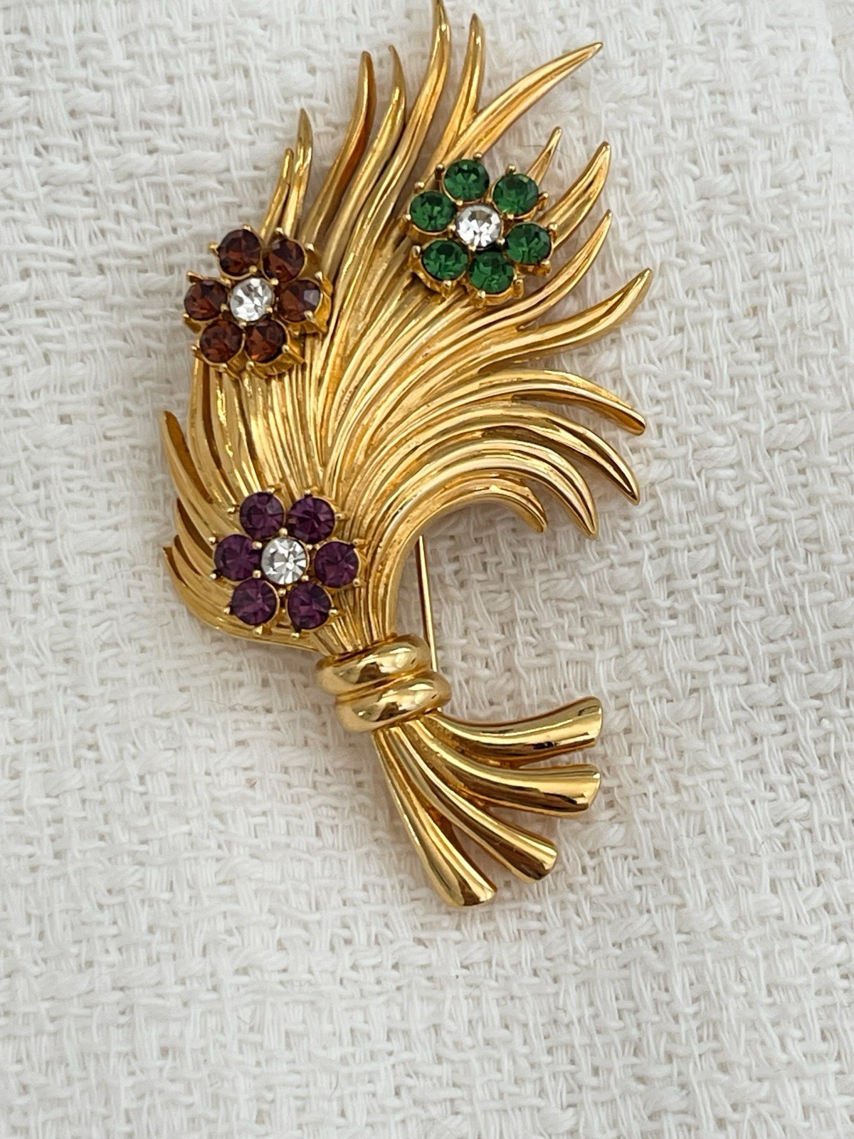 Vtg Signed Carolee Flower Bouquet Green Purple Brown Rhinestones Textured Brooch