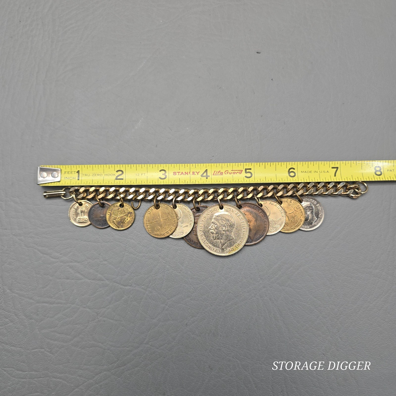 Vintage World Coins Charm Bracelet, Gold Tone Curb Link Chain, Fold Over Closure