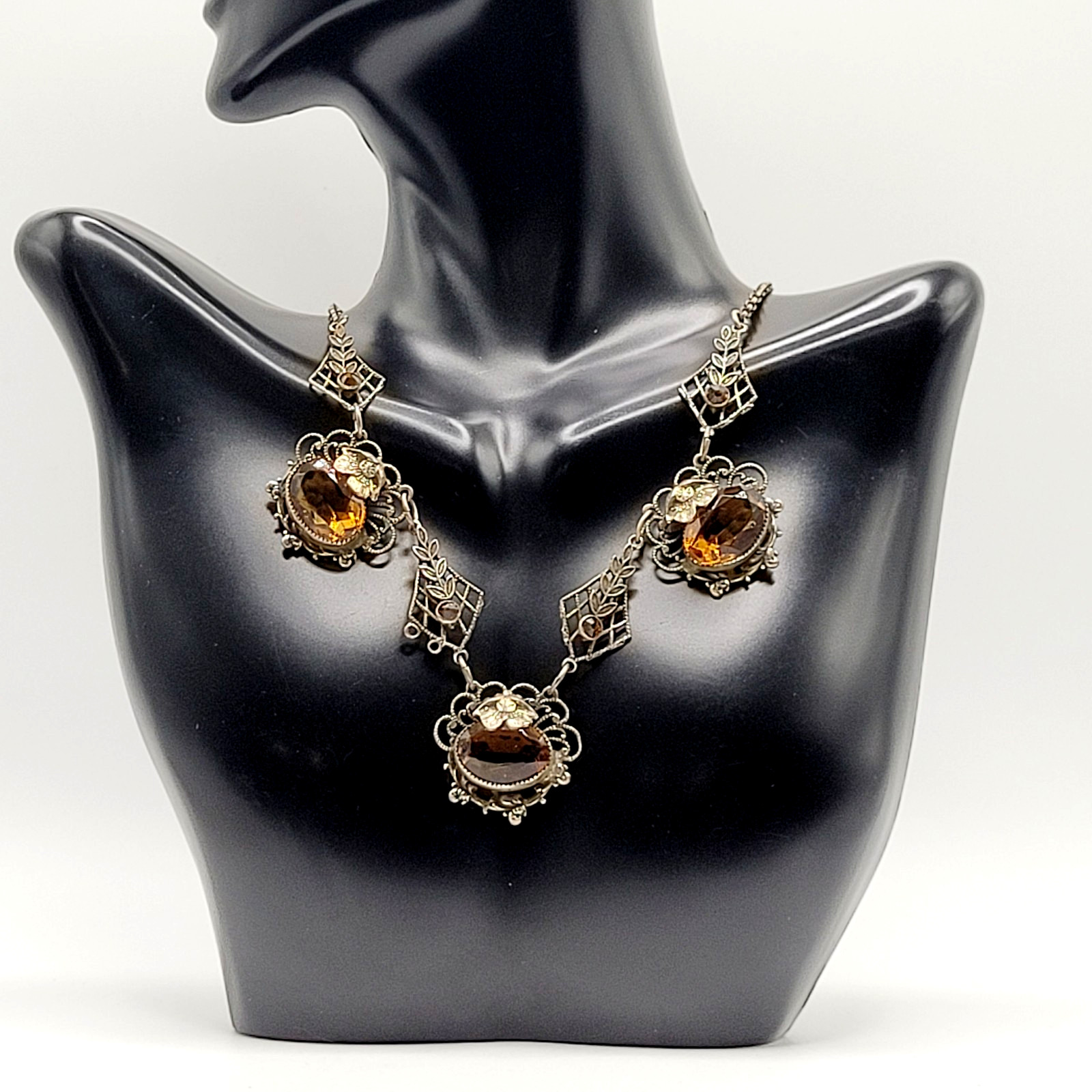 Czech Glass Art Nouveau Deco Flower Motif Brass Festoon Bib Amber Citrine 15 In