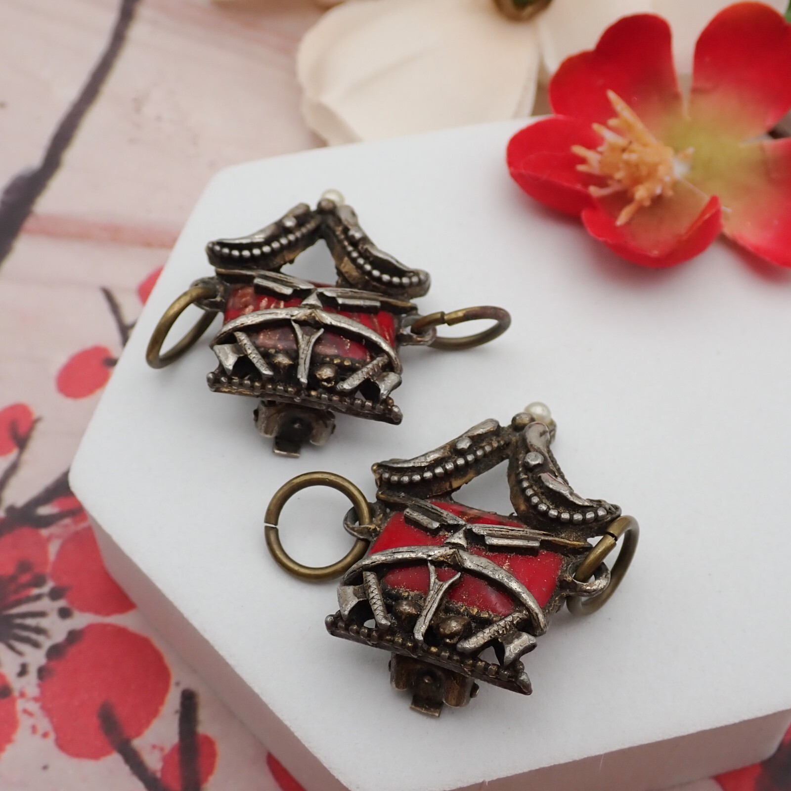 Vintage Fu Manchu Red Art Glass Caged Bronze Tone Clip Earrings