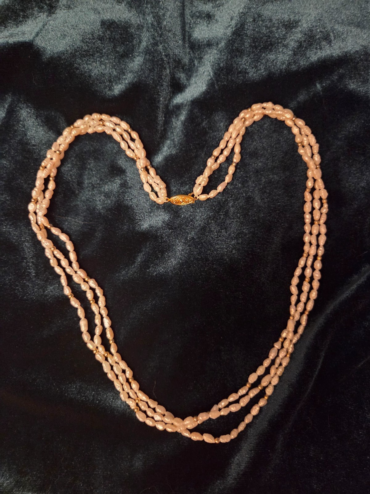 Vintage 3-strand rice pearl necklace with gold tone beads fish hook clasp