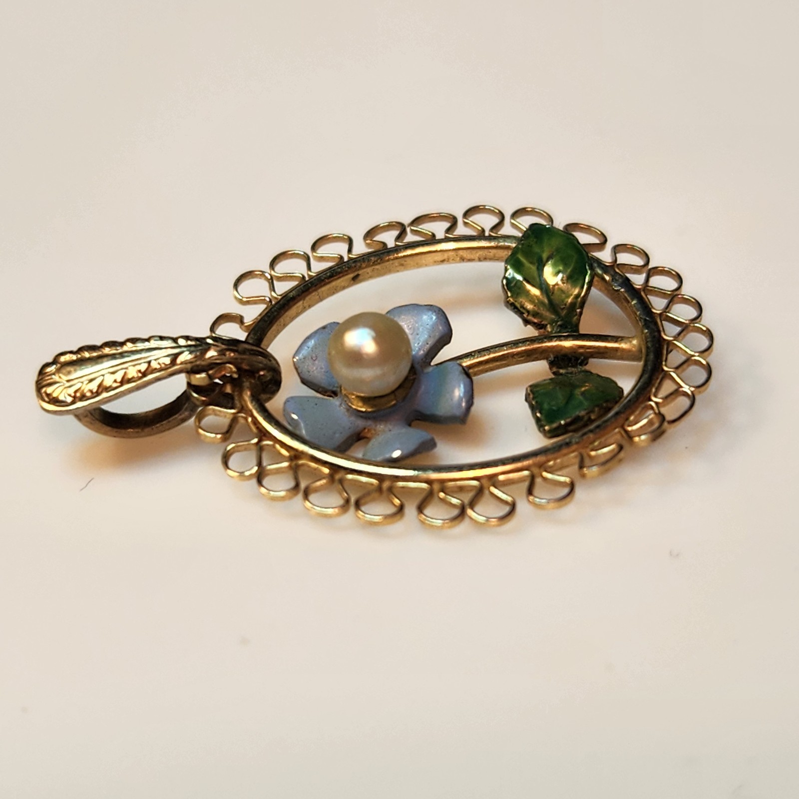 Vintage Enamel Pendant Forget Me Not Pearl Goldtone Metal Filigree Frame 1″