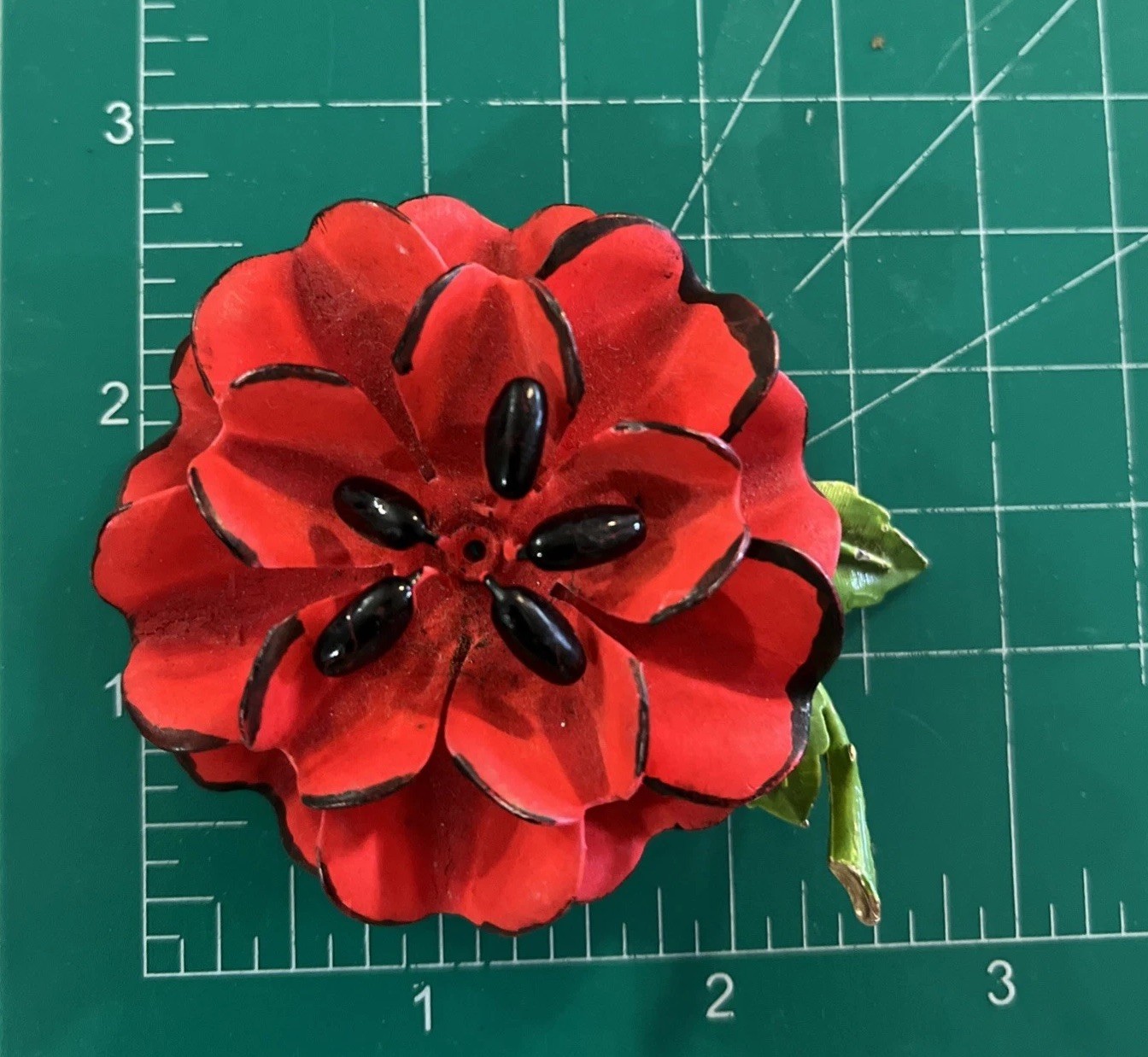 Vintage 1960s Red Enamel Poppy Flower Brooch Pin Mod Retro Boho Unsigned