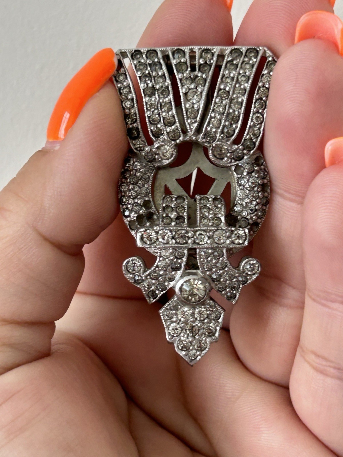 Vintage Art Deco Rhinestone Dress Clip Fur Clip Brooch Silver Tone 2”
