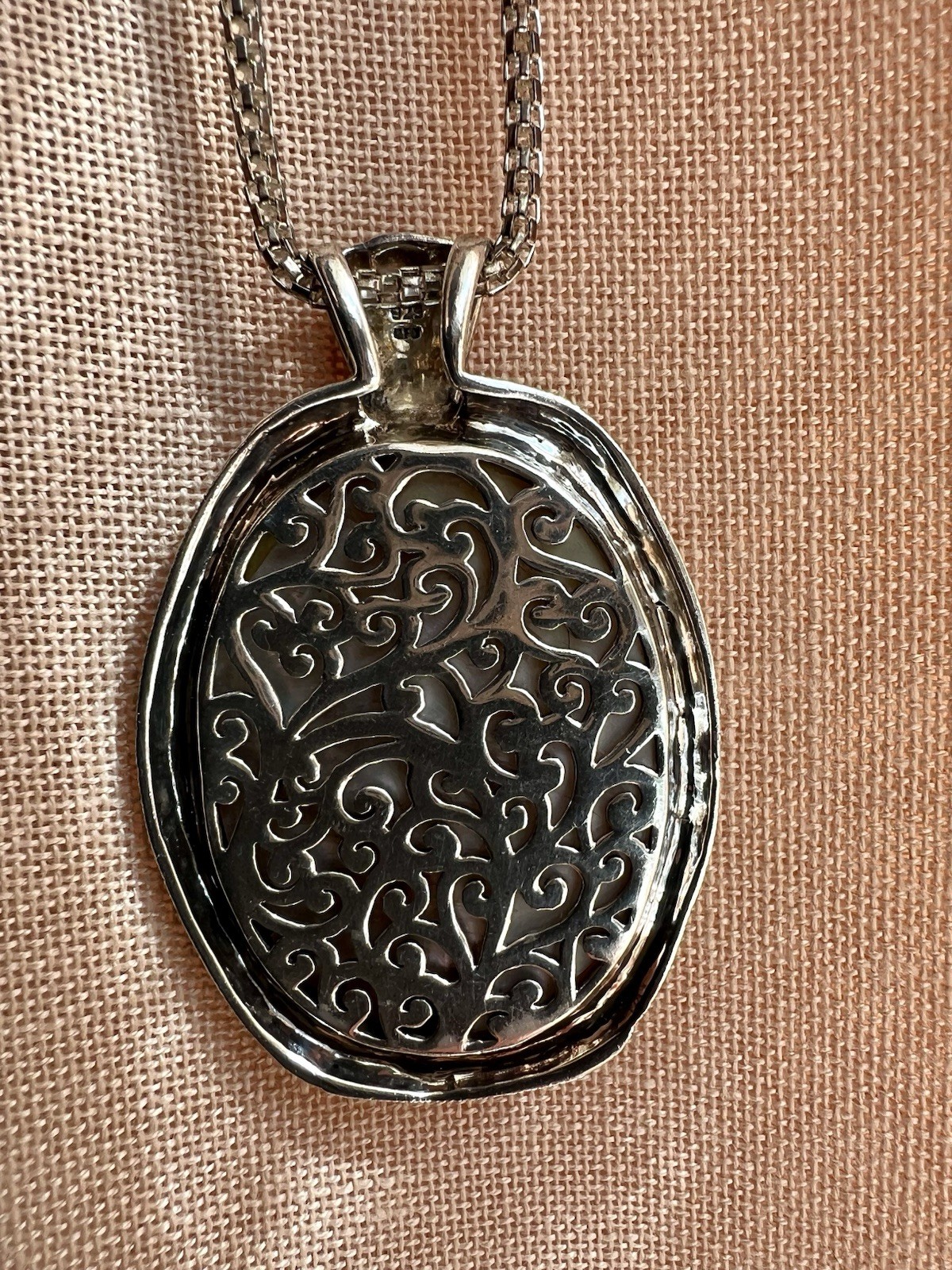 925 Sterling SilverVintage Real Mother Of Pearl & Marcasite Oxidized Pendant