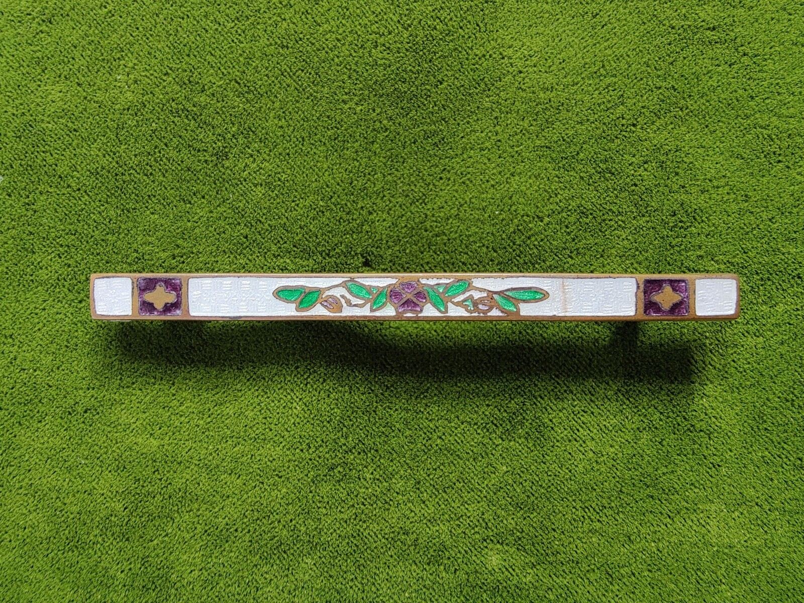 Antique Guilloche Flower Brooch Bar Pin Purple Green White 3″ x 1/4″ Vintage vtg