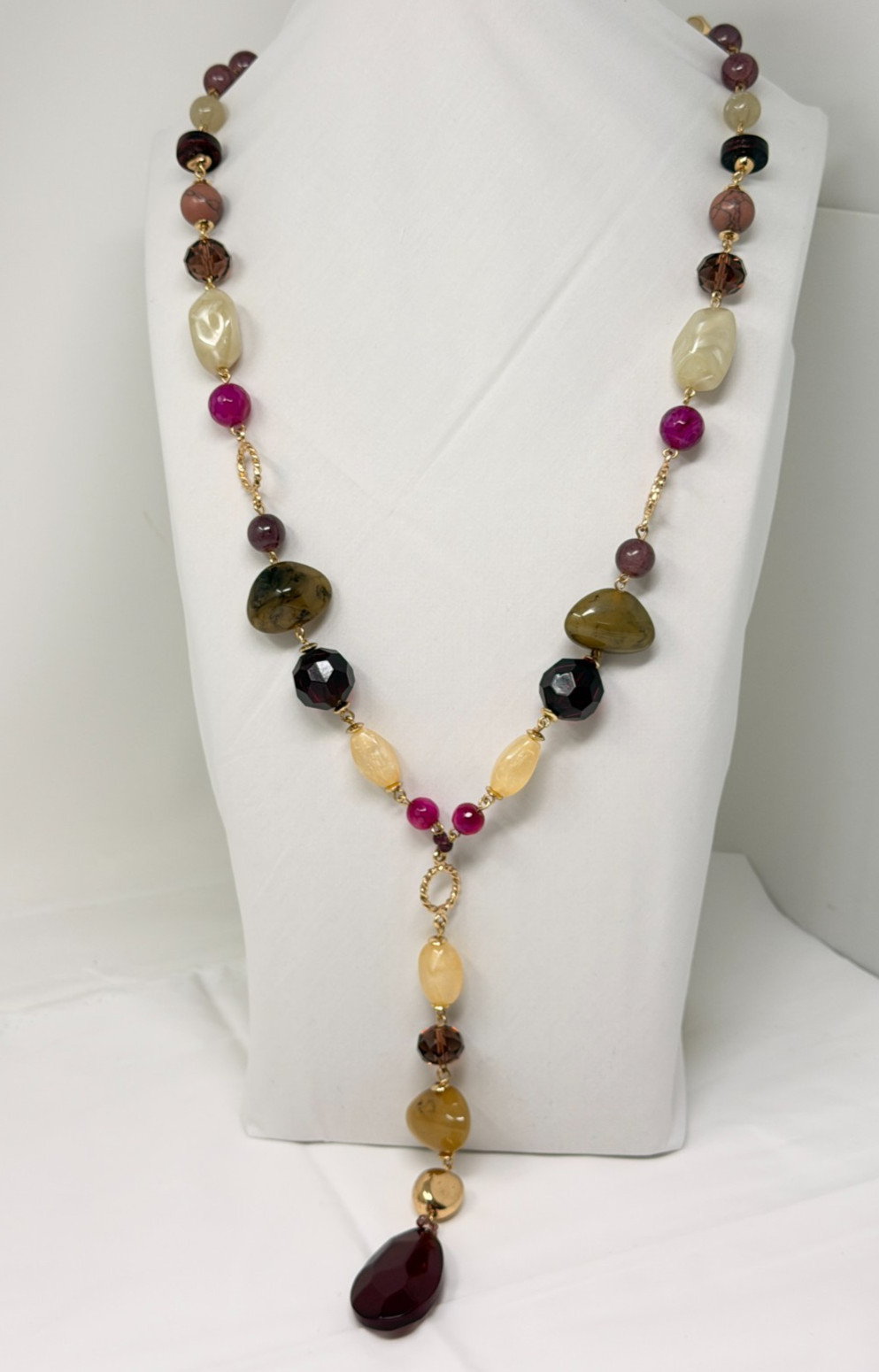 CHICO’S Gold Tone Purple Green Cream Acrylic Bead Y Drop Necklace