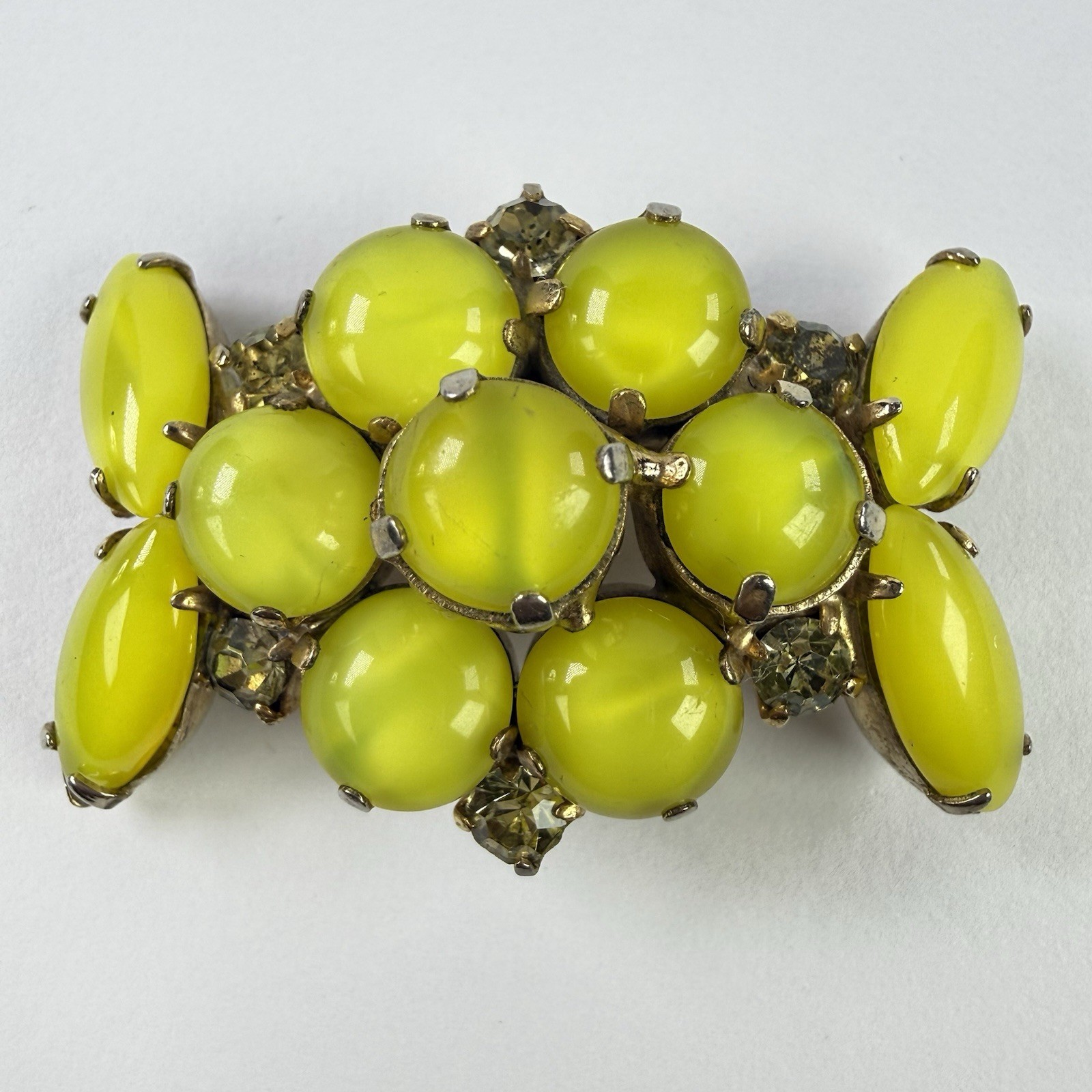 Vtg Lime Green Moonglow Cabochon Rhinestone Brooch Atomic MCM Gold Tone
