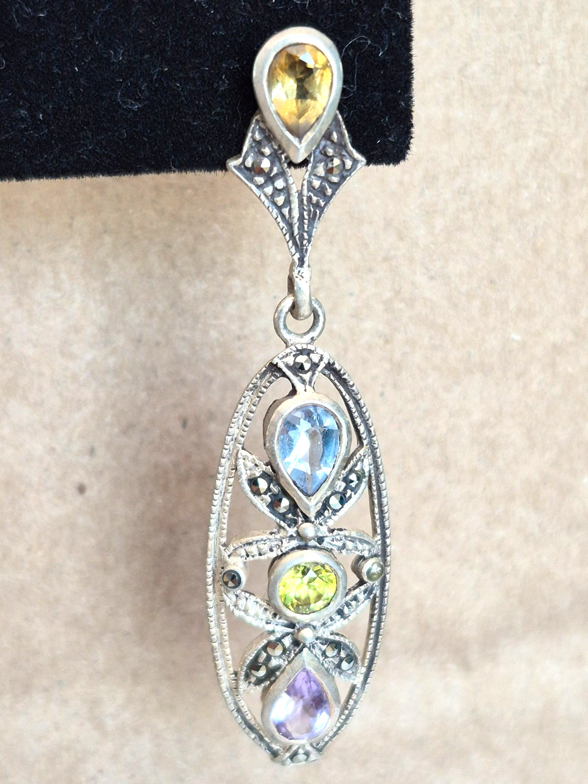 Vintage CW Marked Sterling Silver Multicolor Gemstone Marcasite Dangle Earrings
