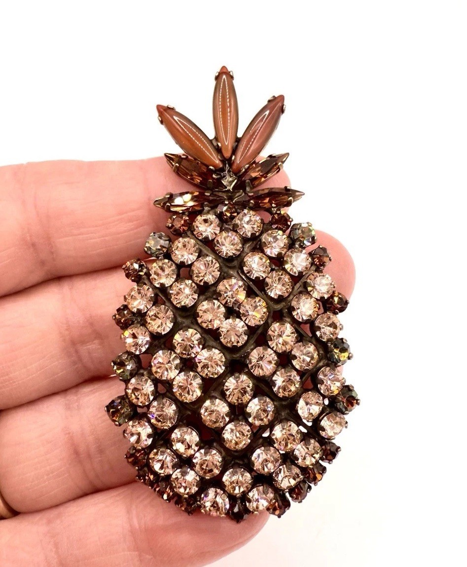 Austrian? Multicolored Topaz & Green Rhinestone Pineapple Brooch Vintage Jewelry