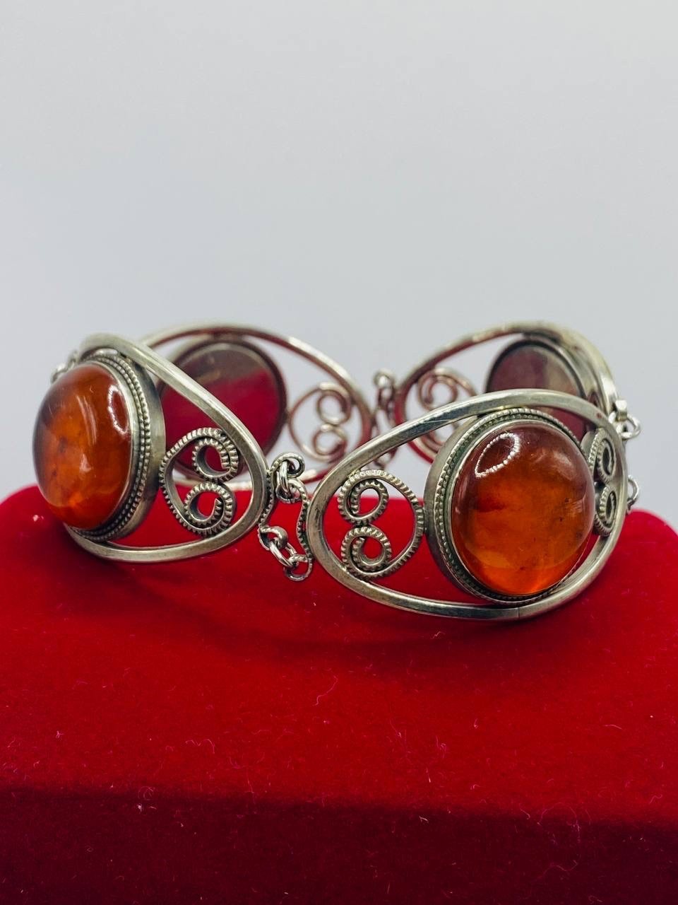 Antique Soviet filigree Chalcedony Silver Bracelet Hand Crafted