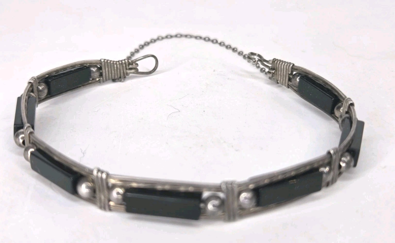 Vintage Sterling Silver Black Onyx Wire Wrapped Link Bracelet