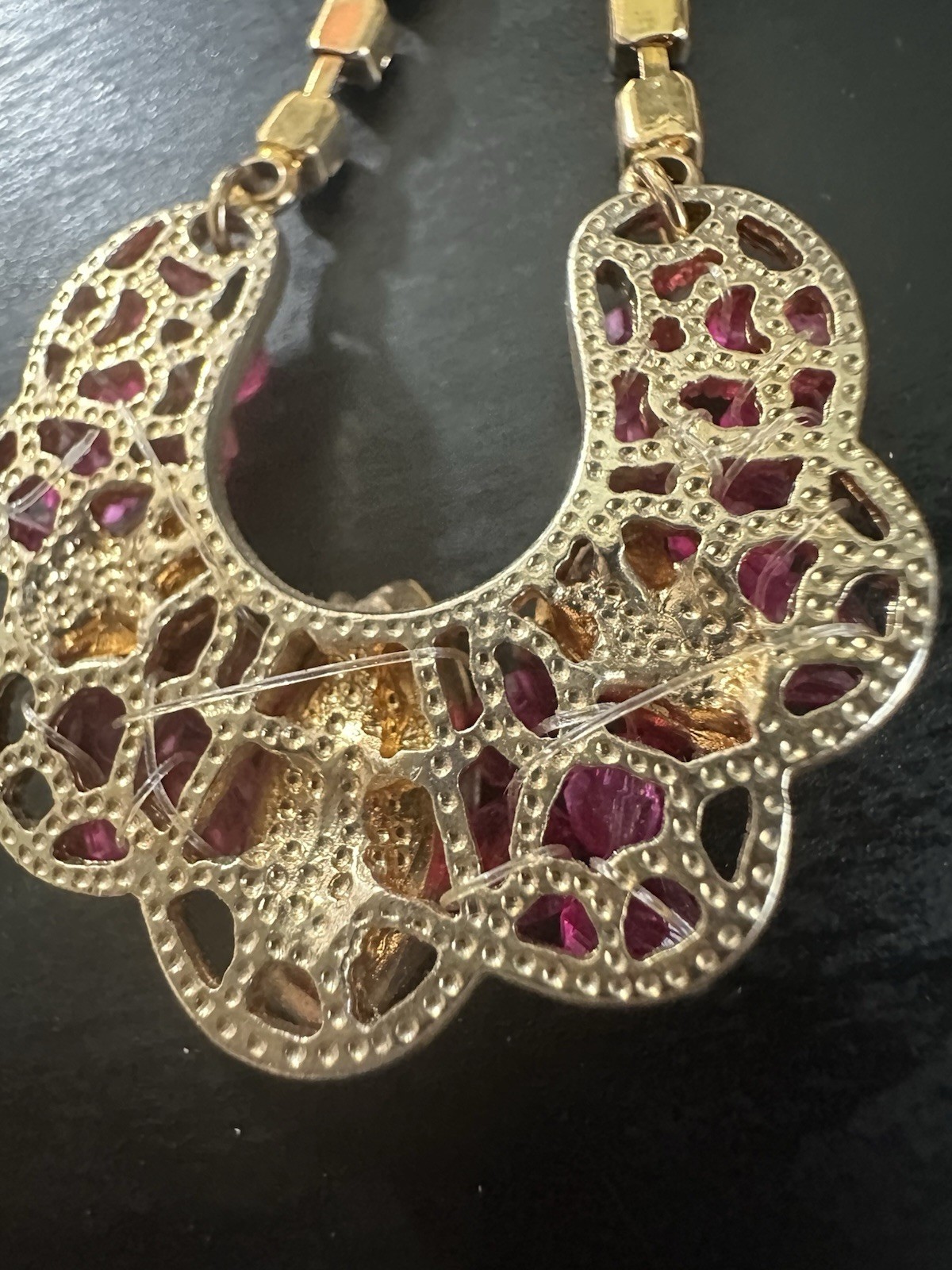 Nice Vintage Gold Tone Pink Purple Deep Red Rhinestone Dangle Hook Earrings