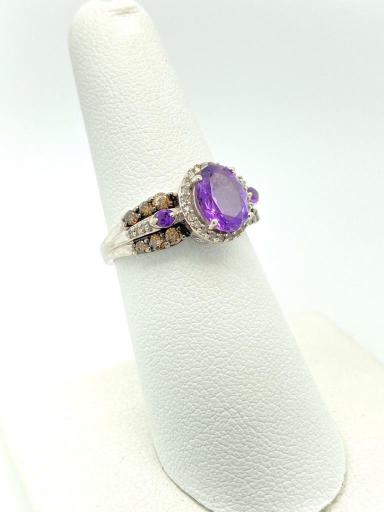 Vintage JW Brine 10k White Gold Amethyst Champagne Diamond Ring Sz 7