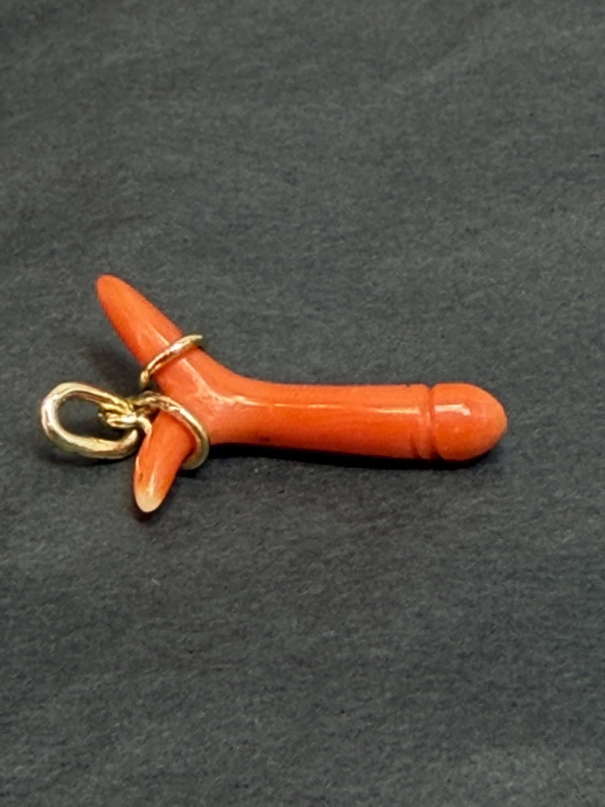 19c. Victorian 14k Gold Red Undyed Coral Phallus Fertility Amulet Fob Pendant