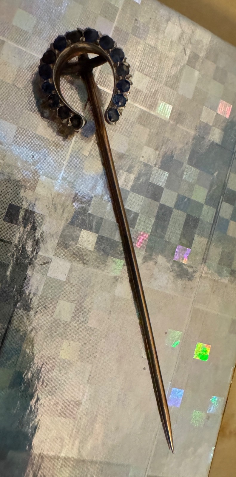 Antique 14K Y Gold Horseshoe Stick Pin w/ red garnet and blue glass 2.1 grams