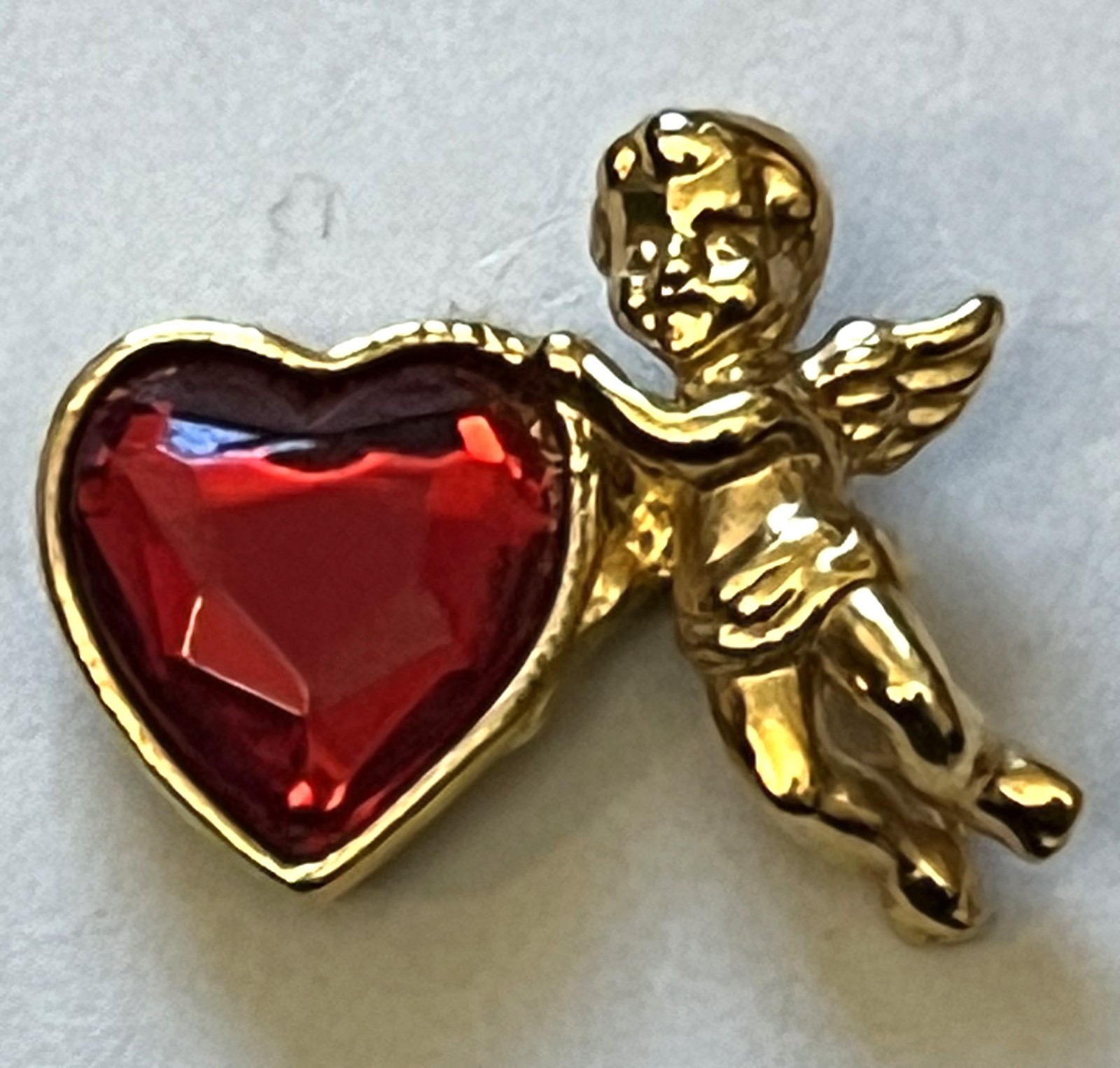AVON Signed Huge Red Heart, Shiny Gold-tone Guardian Angel Brooch Pin.