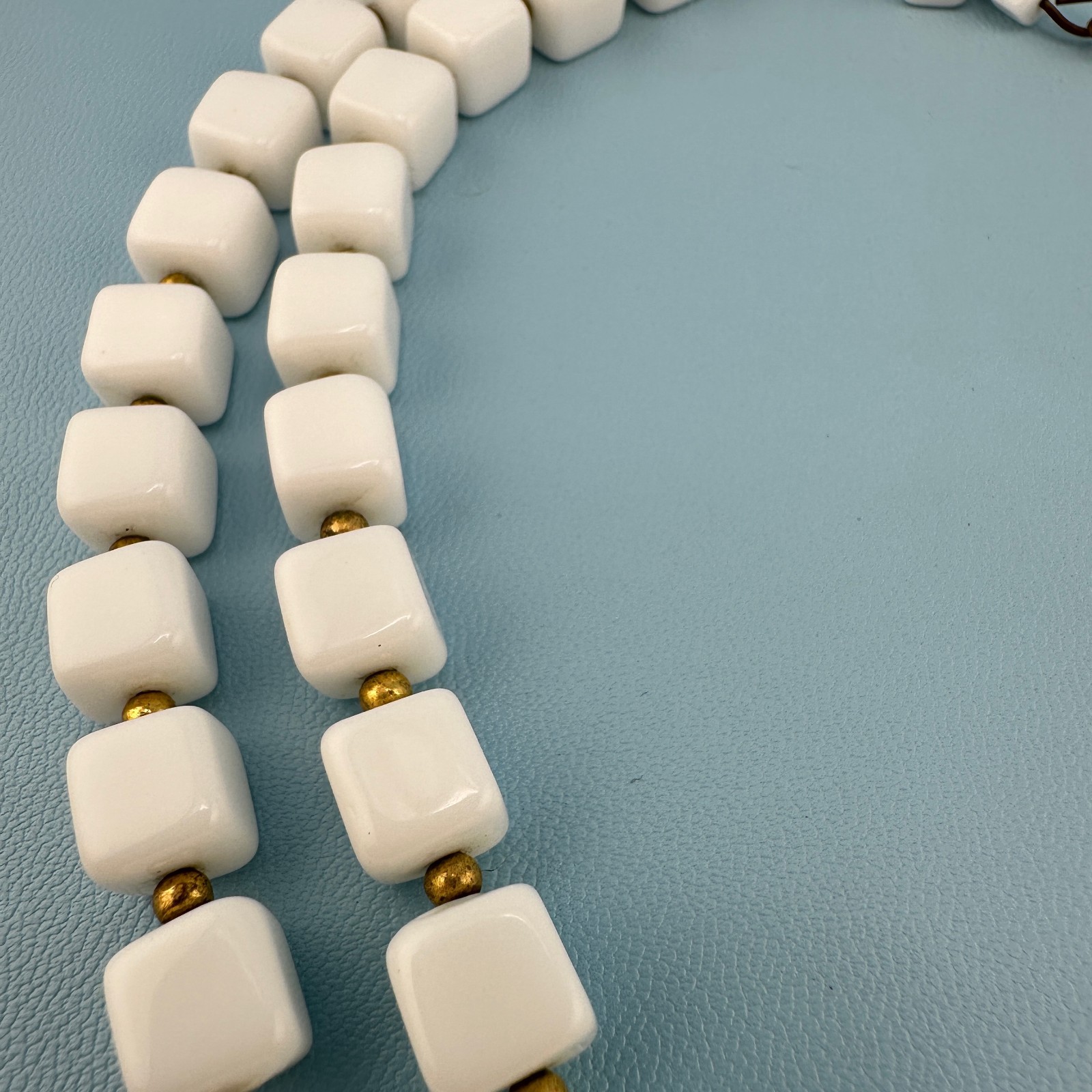 Vintage White Milk Glass Necklace Double Strand Square Shape Bead Retro Mod 18″