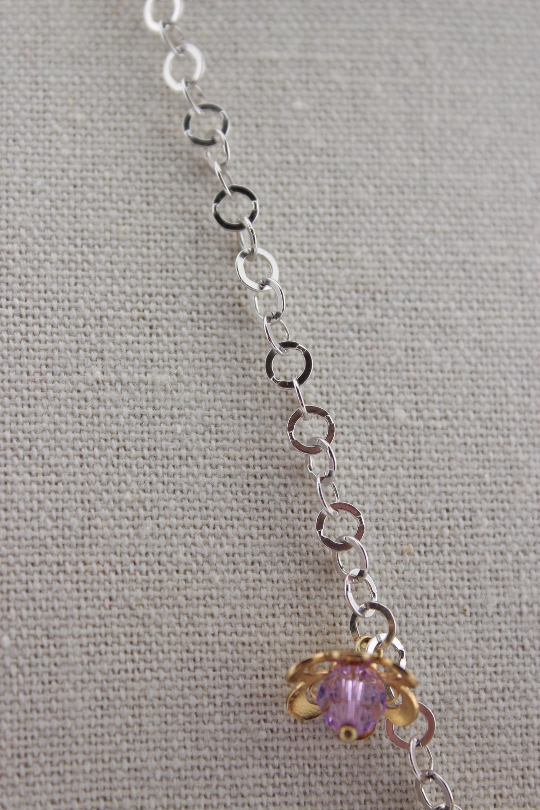 Sterling silver and gold over silver Y drop style necklace purple crystals 19″