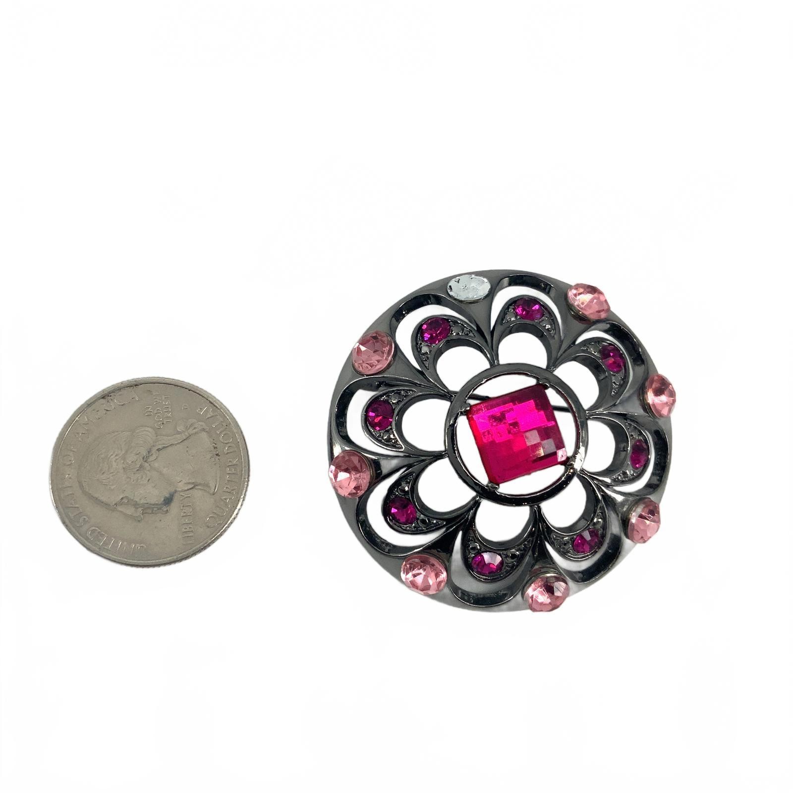Vintage Gunmetal Tone Pink Crystal Floral Brooch Round Fuchsia Rhinestone Pin