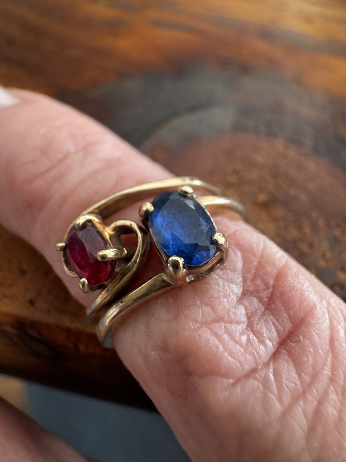 VTG 10K Yellow Gold Two Rings Toi et Moi Ruby Sapphire Ring Set sz 4.25 2.39 Gr