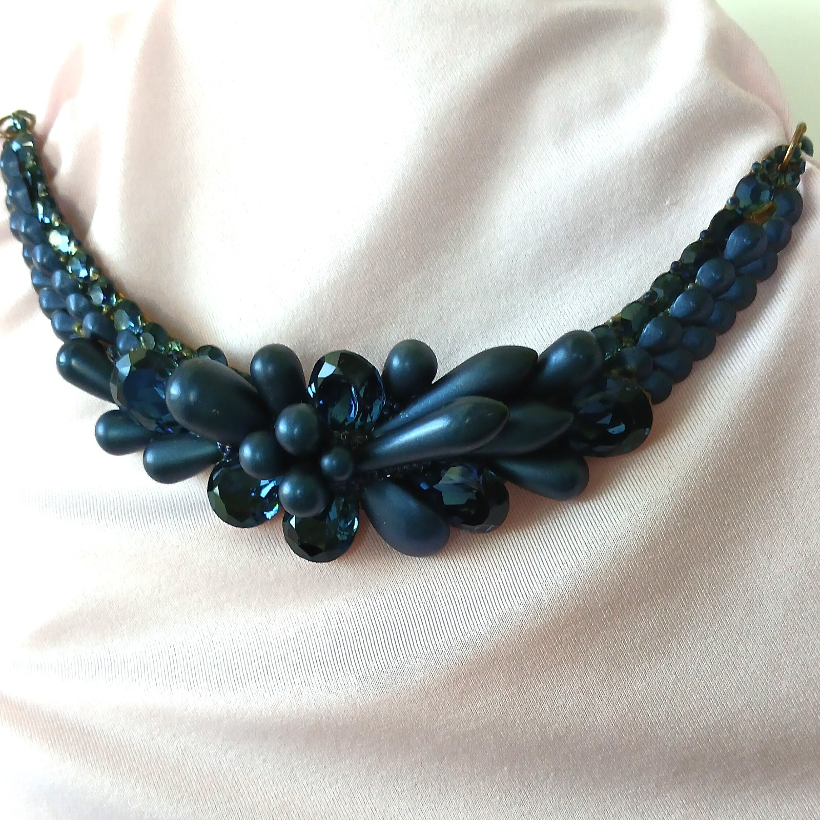 Vintage Blue Glass, Acrylic & Iridescent Floral Motif Necklace Sterling Clasp