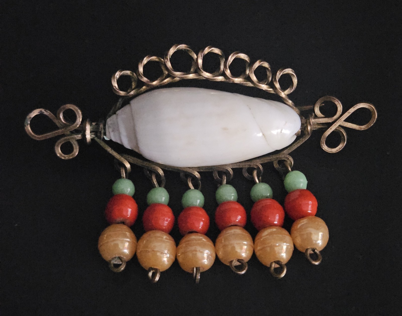 Antiique Shell Brooch Pin Wire Wrapped Glass Beaded Dangles Circa 1920