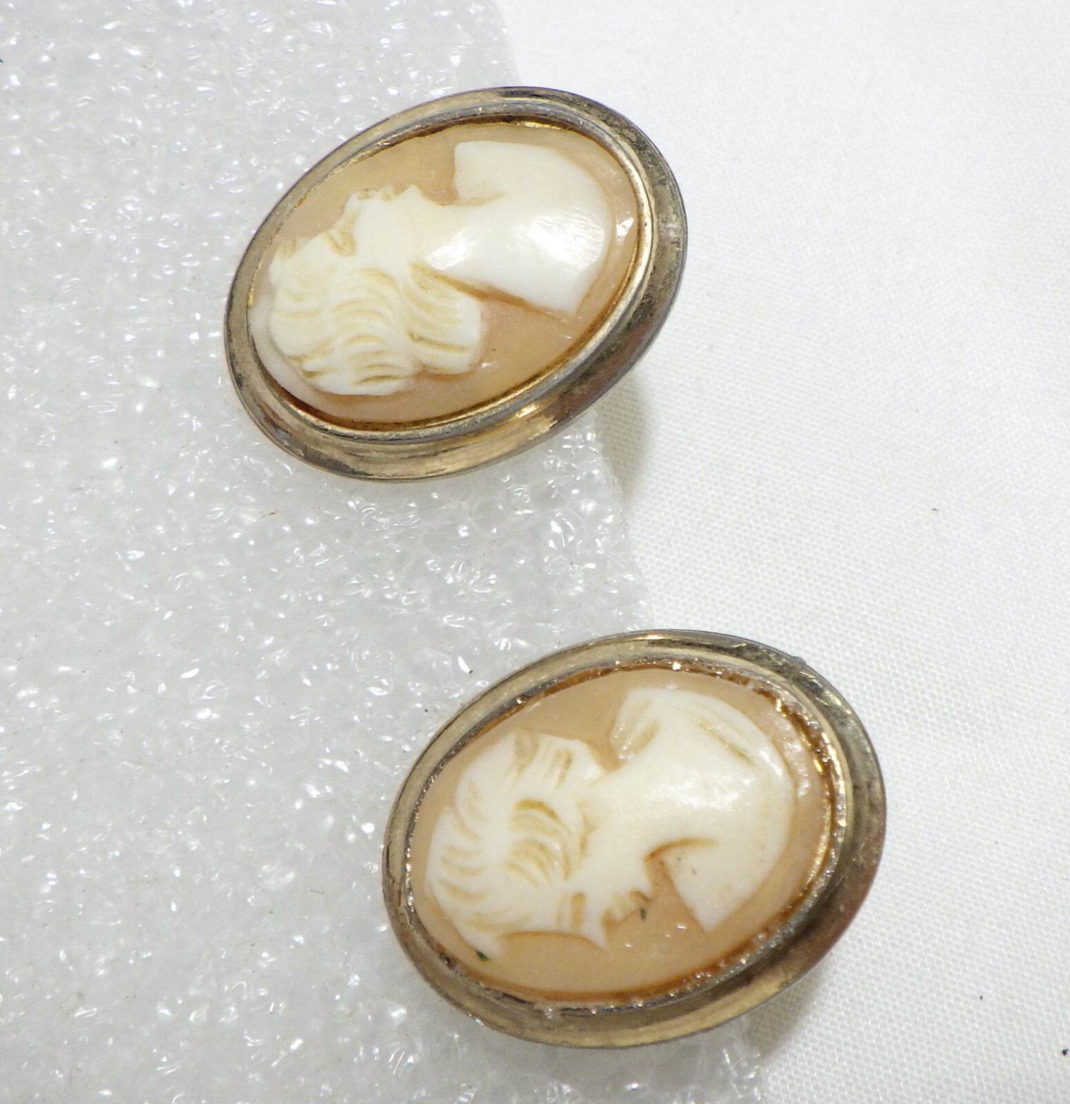 1950’s CARVED SHELL CAMEO EARRINGS OMEGA BACKS (POST CLIP OVER) 3/4″
