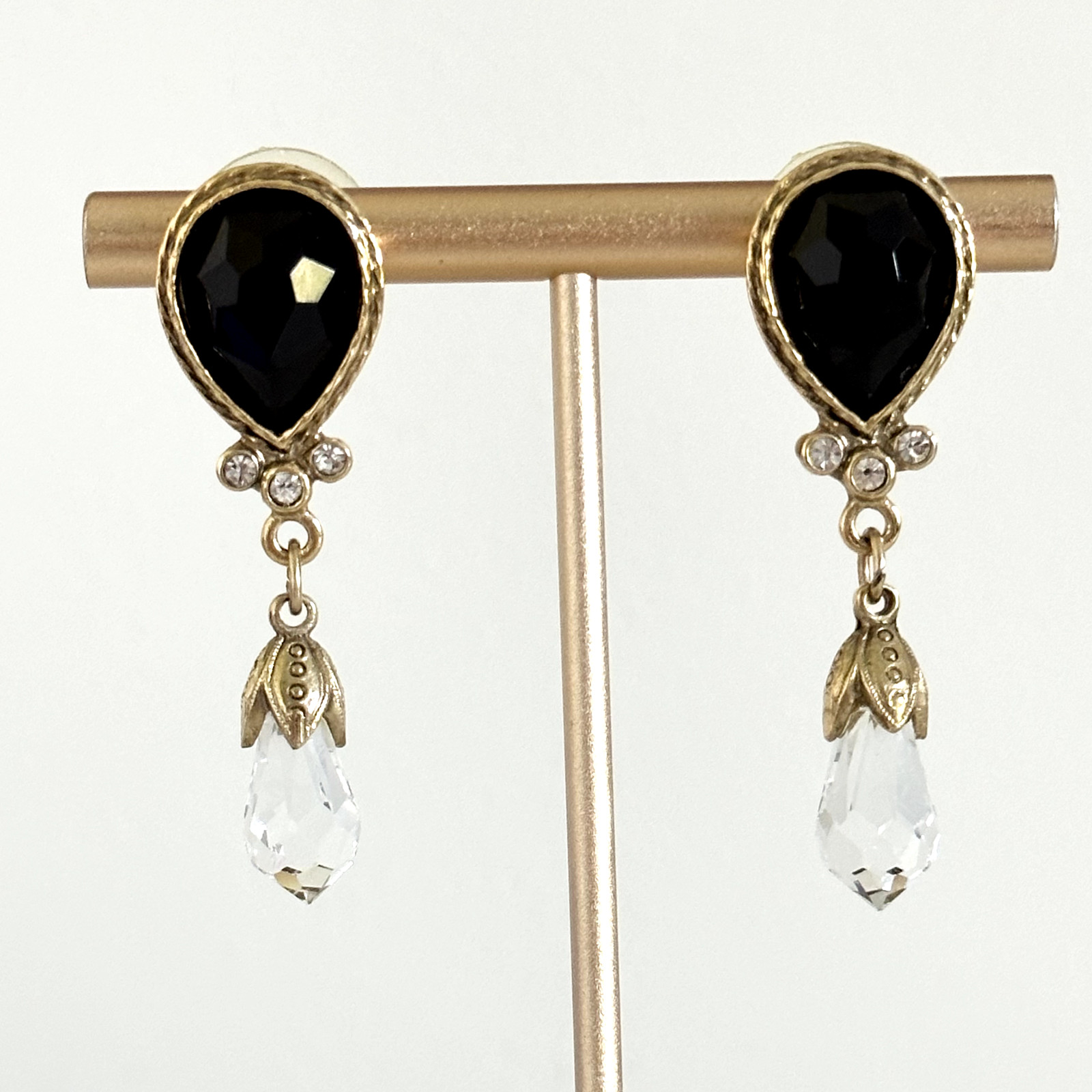 Vintage Clear Faceted Crystal Black Acrylic Stone Gold Tone Dangle Earrings