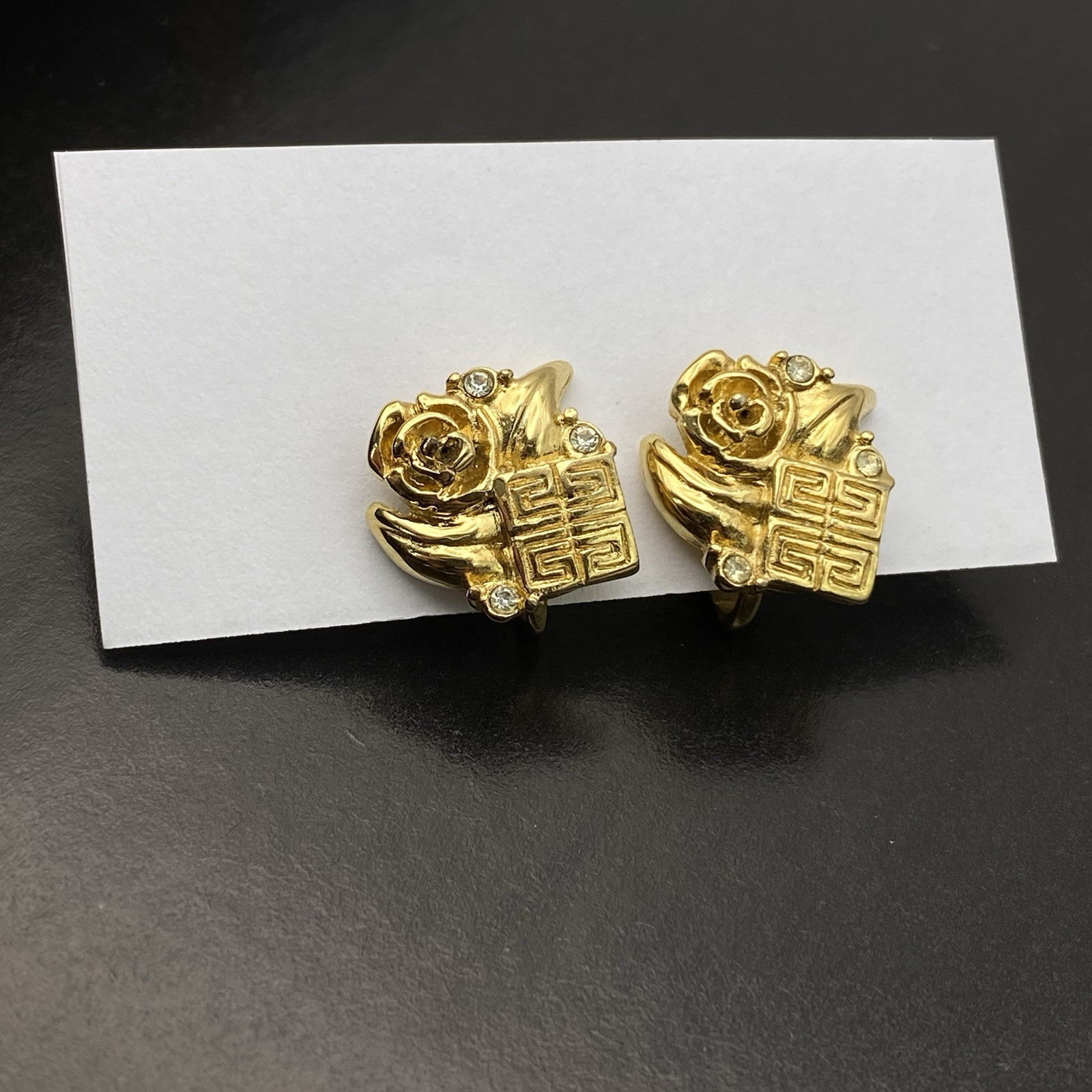 Vintage Givenchy Earrings Signed Flower Gold Tone Logo 80s Every Day Classic