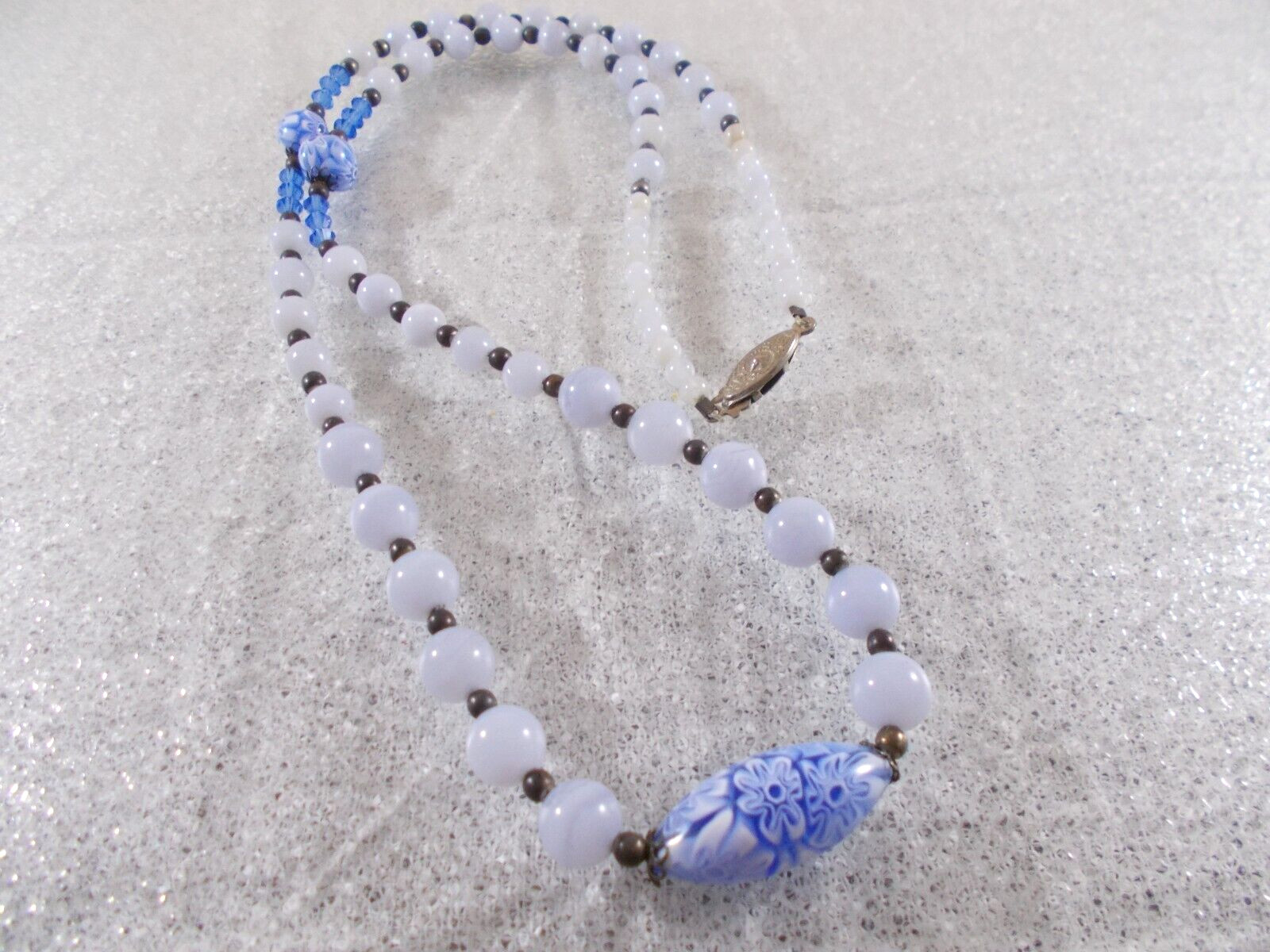 Graduated Blue Glass Bead Necklace with Millefiori Bead Accents Fish Hook Clasp
