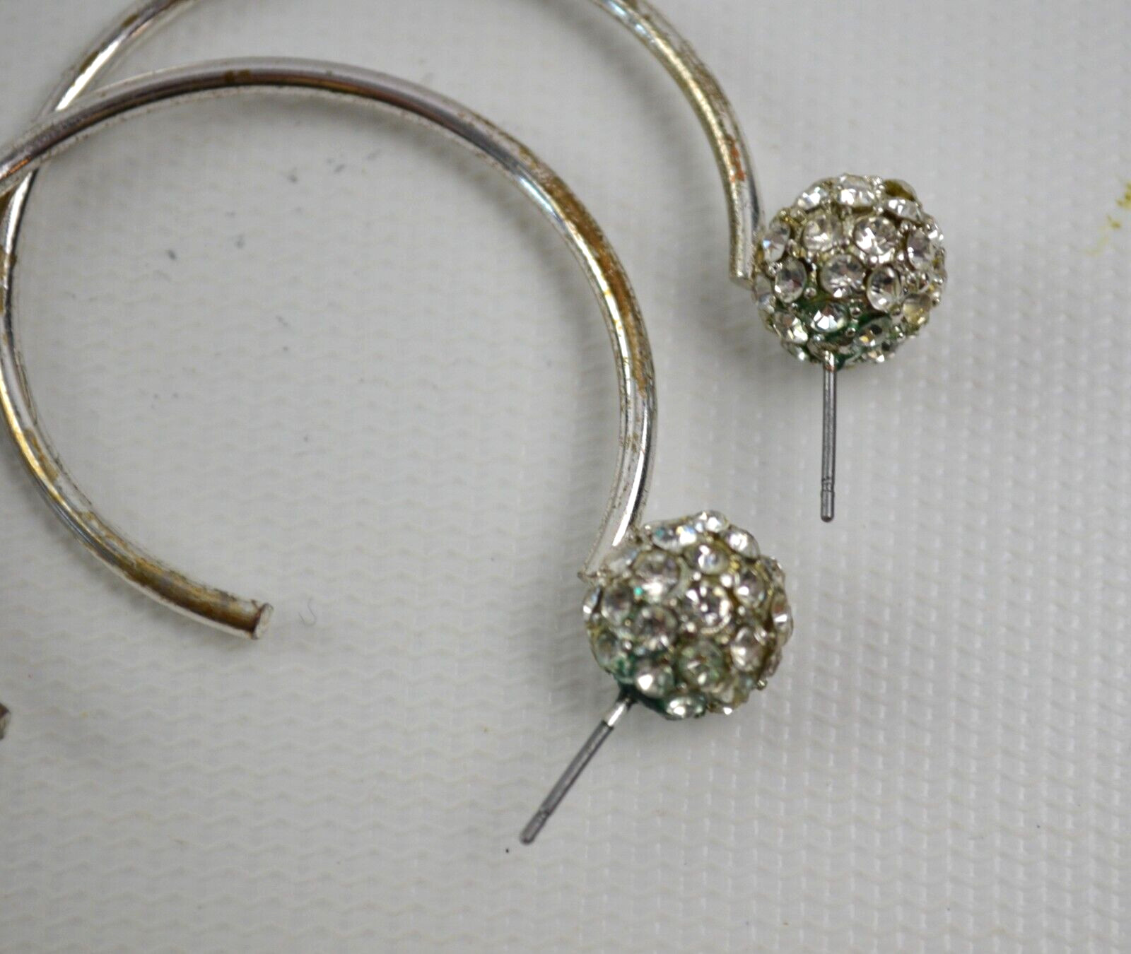 Silver Tone Hoop Pierced Earrings w/ Clear Rhinestoned Sphere 1 .75″ Across