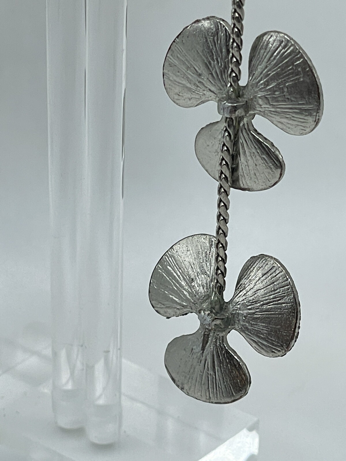 Modernist Brushed Silver Poppy Flower Illusion Dangle Earrings Statement