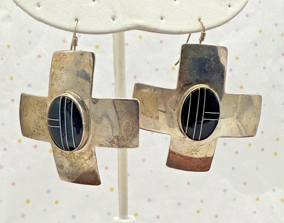 VTG Native American Silver 925 Maltese Cross Earrings w/Onyx Signed Ben G Chavez