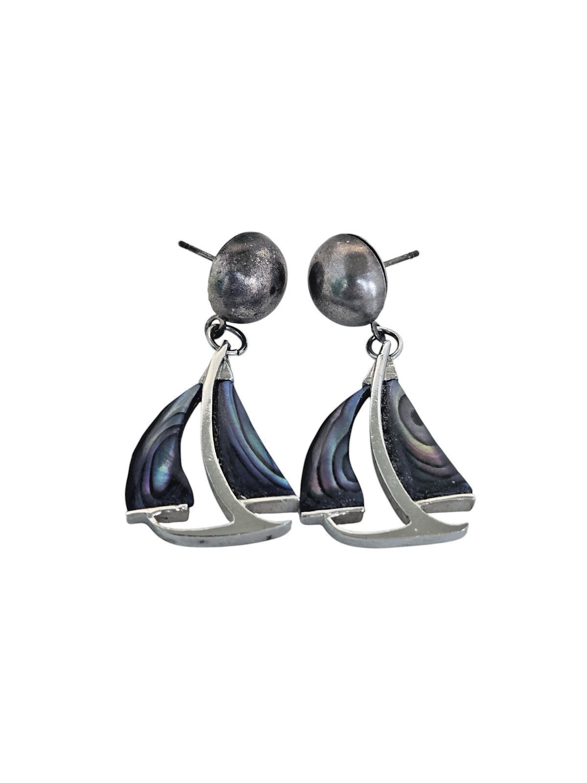 Vintage Silver Tone Blue Paua Abalone Sailboat Drop/Dangle Earrings
